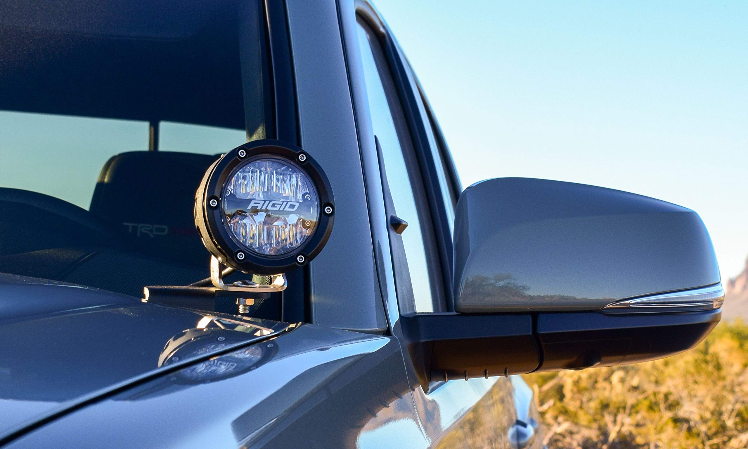 Rigid A-Pillar 46708 Light Kit, FITS 2016-2020 Tacoma, Inc 2 A-Pillar Mounting Brackets, 2x4 Inch 360-Series Drive Lights - Amber Back Lighting, Black Light Covers, Amber Light Covers, Wiring Harness