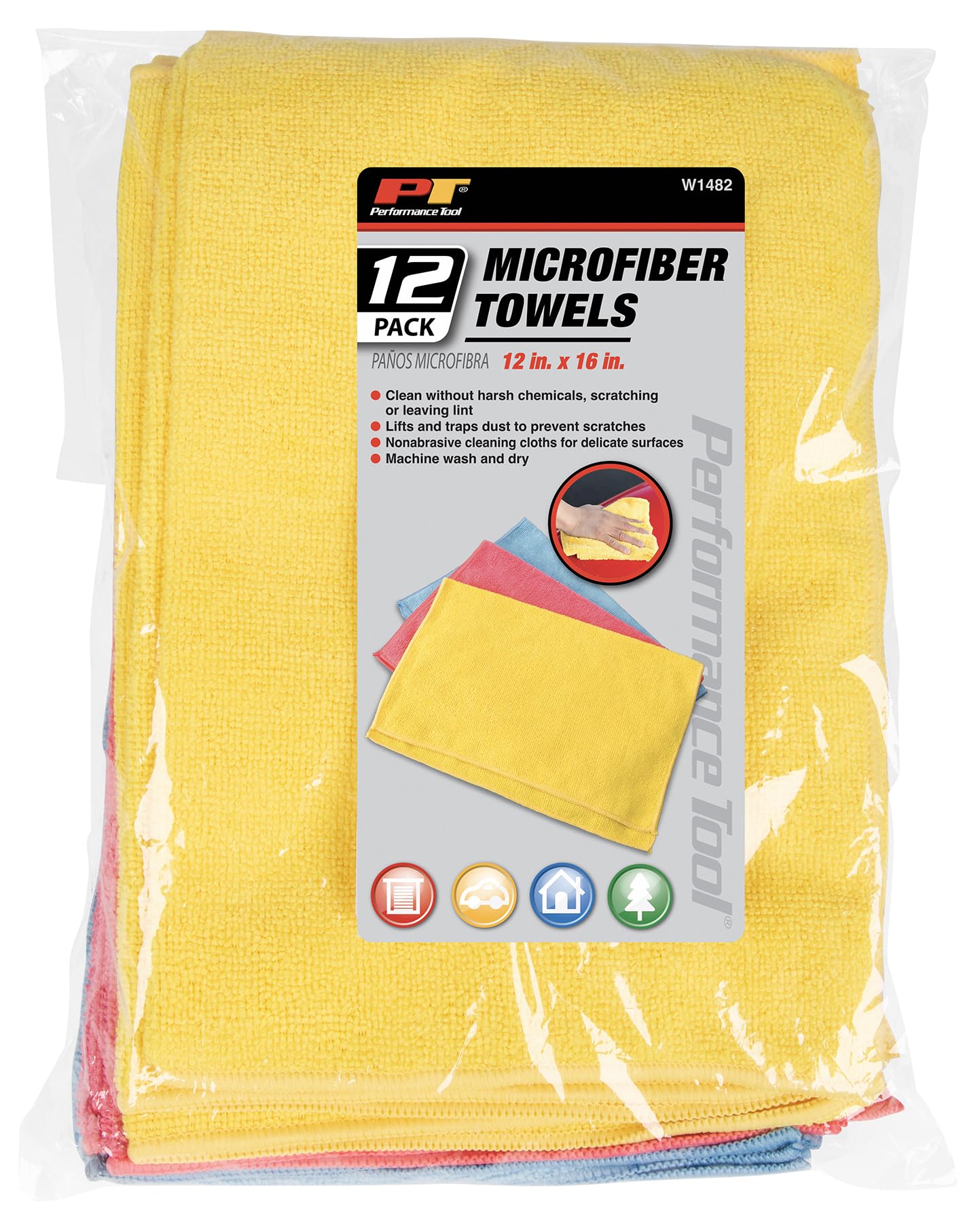 12 Pack Performance Tool W1482 Microfiber Towels, 12 x 16 Inches (30cm x 40 cm), Textured, Nonabrasive, Machine Wash and Dry, for Detailing, Washing, Dusting, Polishing, and Wiping Glass