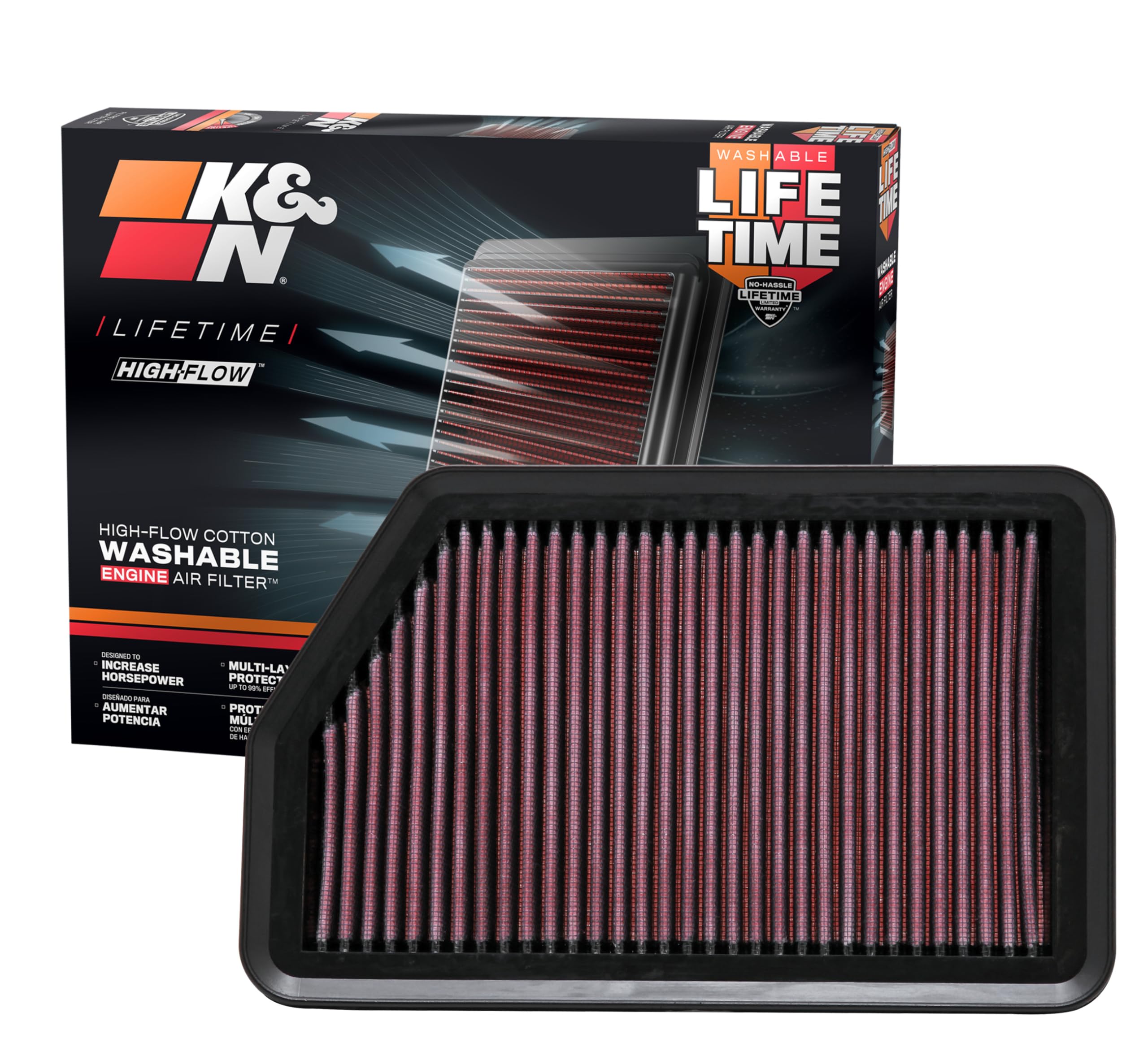 K&N Original High-Flow Lifetime Engine Air Filter: Increase Power & Acceleration, Washable, Replacement Air Filter: Compatible with 2010-2019 Hyundai/Kia (i40, Elantra, GT, i30, Tucson, Forte) 33-2451