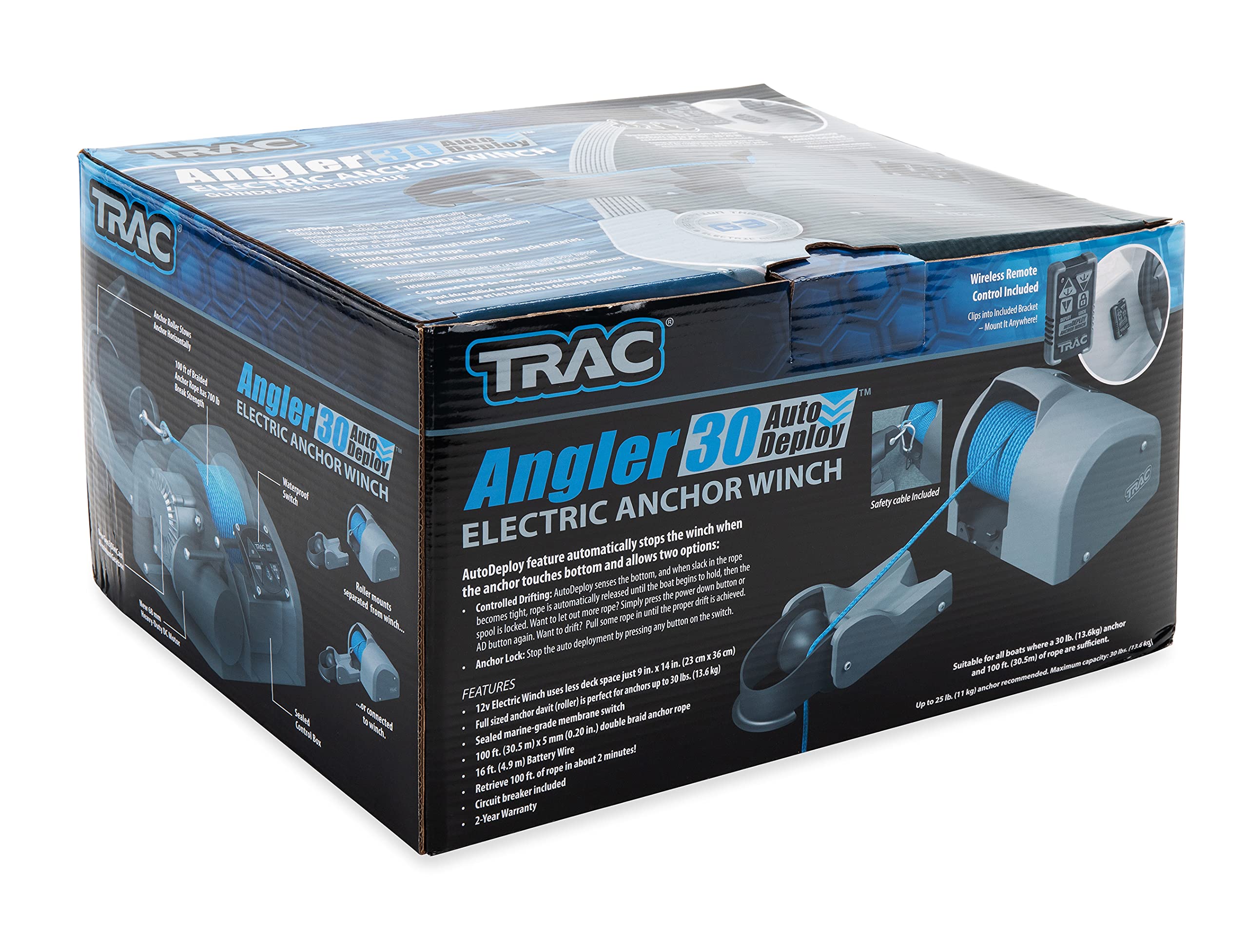 Angler 30 TRAC-Outdoor Products AutoDeploy-G3 Electric Anchor Winch - Anchors Up to 30 lb. - Includes 100-feet of Pre-Wound Anchor Rope with Use (69004), Gray, Normal