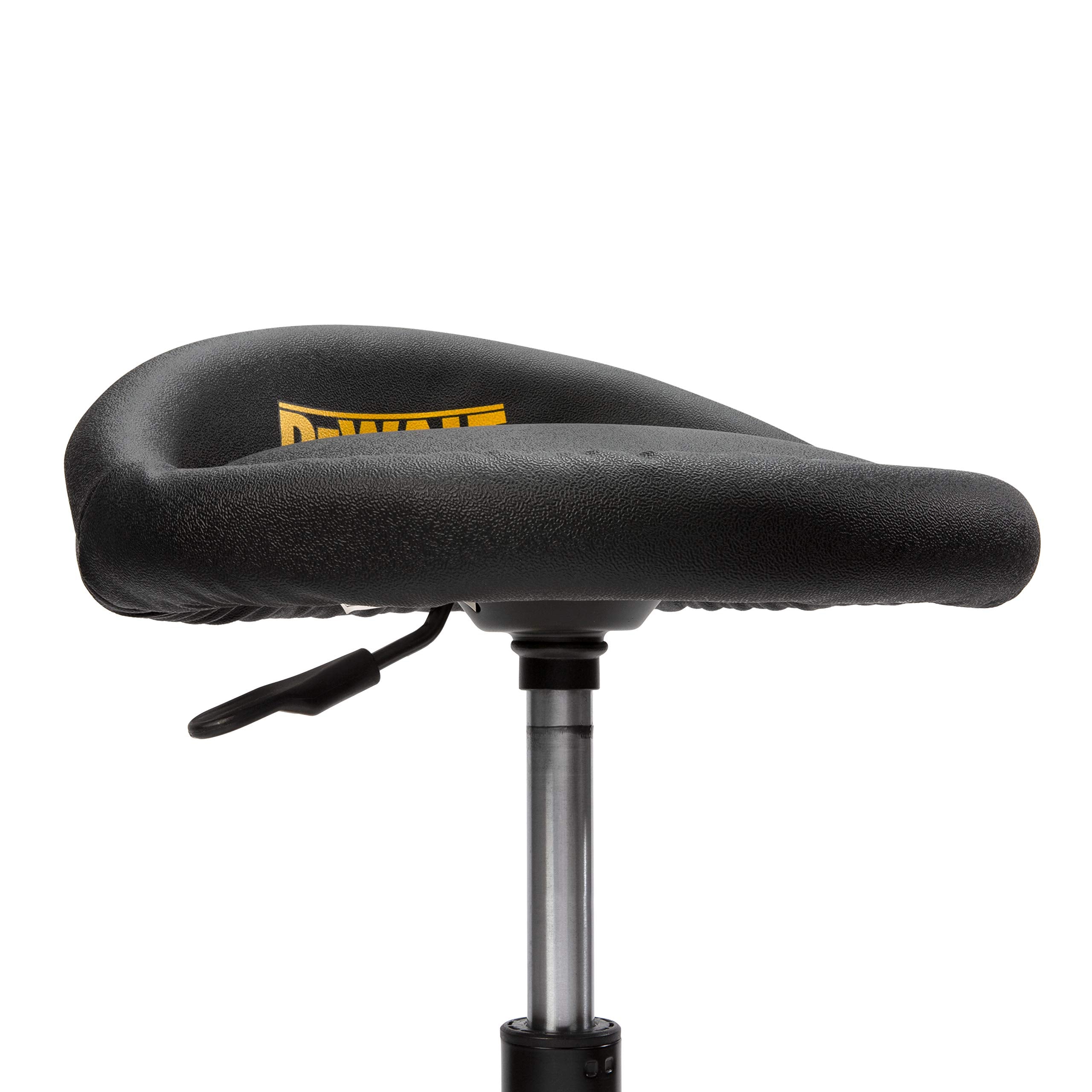 Heavy Duty DEWALT Adjustable Rolling Shop Stool, 360-degree Swivel Industrial Garage Stool with Padded Seat, Storage Shelf, Removable Wheels