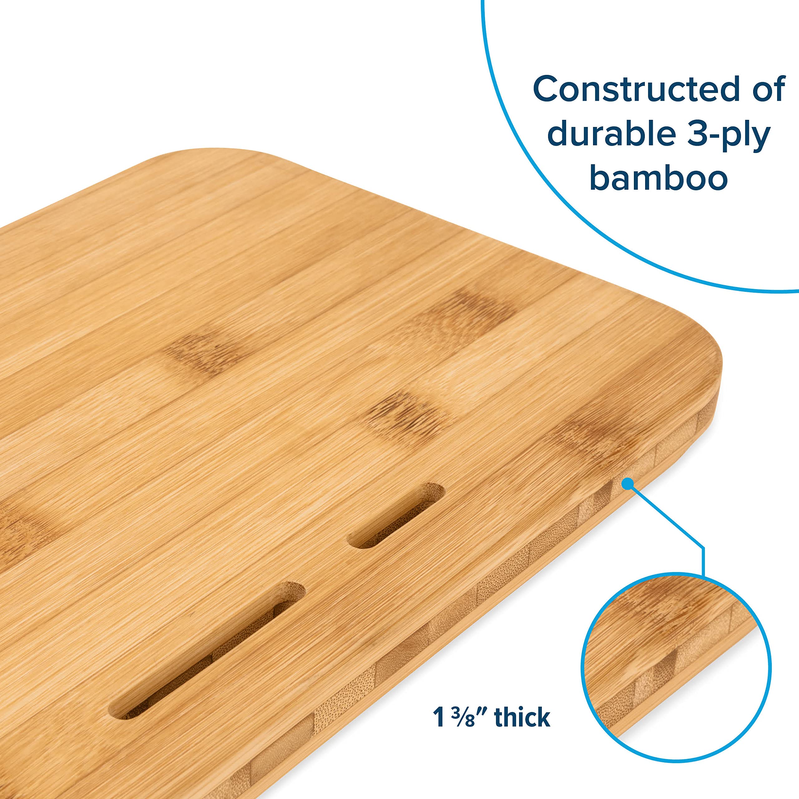 Over The Sink Camco RV/Marine Cutting Board | Features Adjustable Non-Slip Feet, Built-in Knife Slots, and a Durable 3-Ply Bamboo Construction | 24-inches x 8-inches (43543)