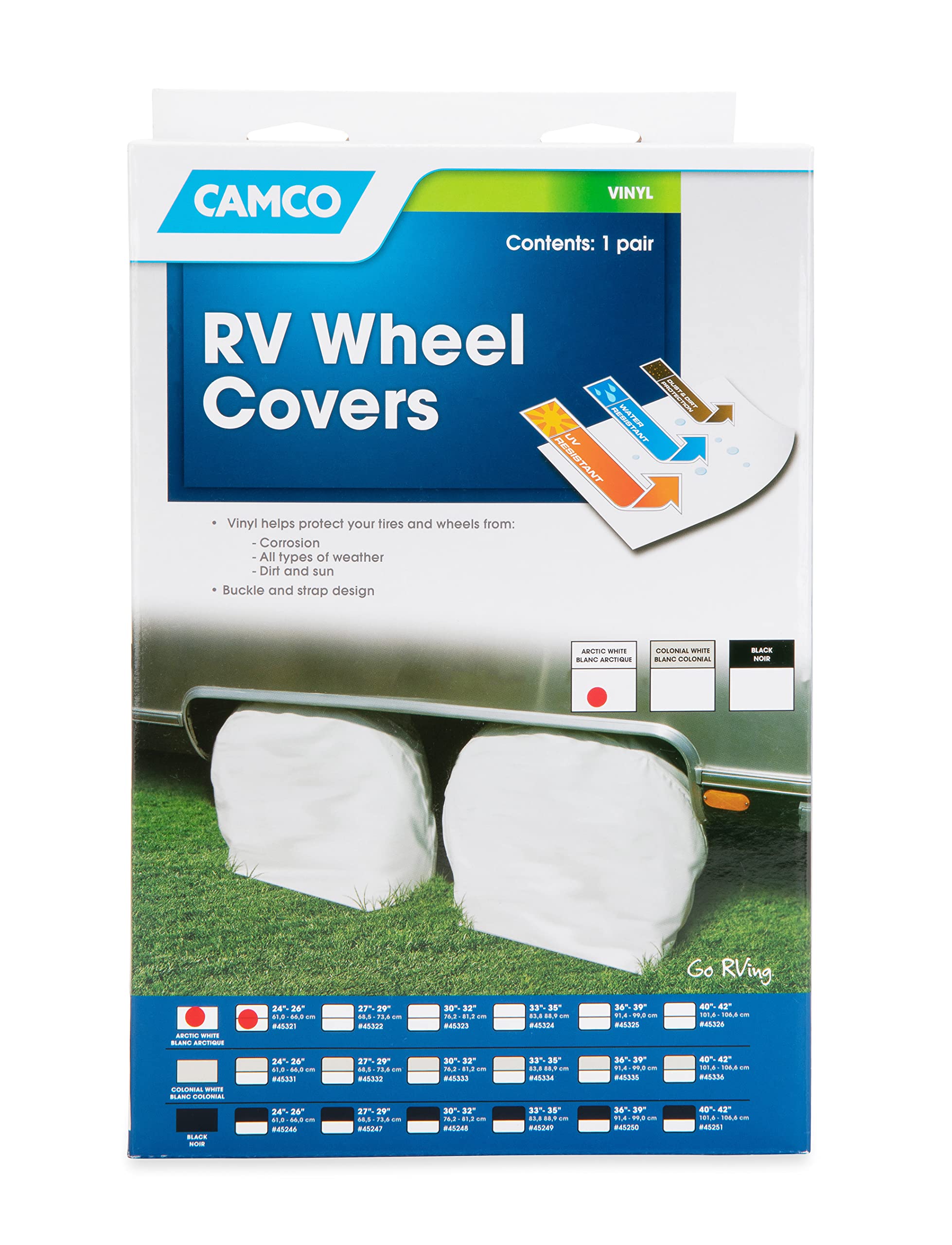 Vinyl Wheel & Tire Protector Camco 45321, 2 Pack (24 inches-26 inches, White)