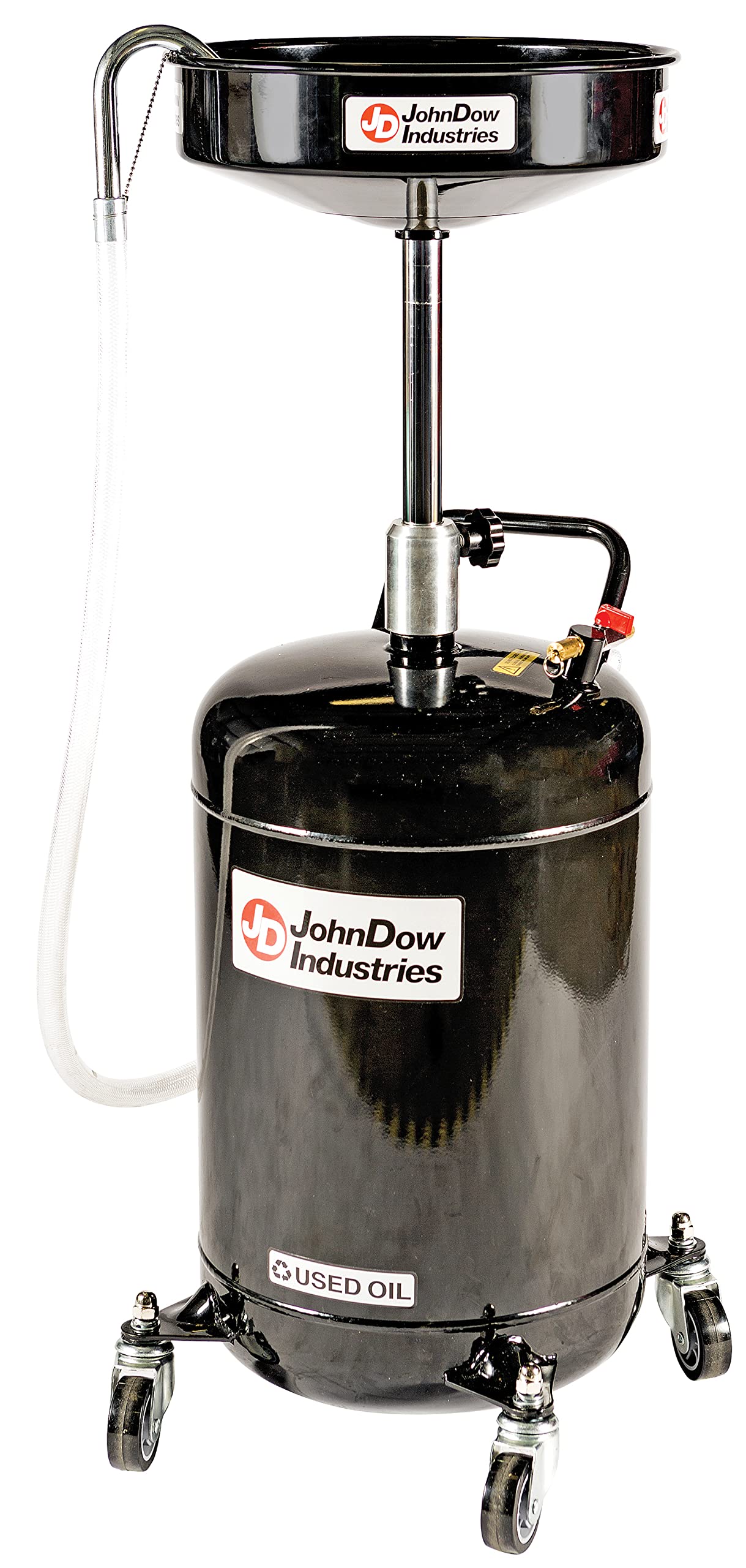 JDI-18DC JohnDow Industries 18 Gallon Air-Operated Self-Evacuating Portable Oil Drain, 16 inch Diameter Funnel, Adjustable Funnel Height of 36.5 in to 59 in. 6 Foot Nylon Reinforced Discharge Hose