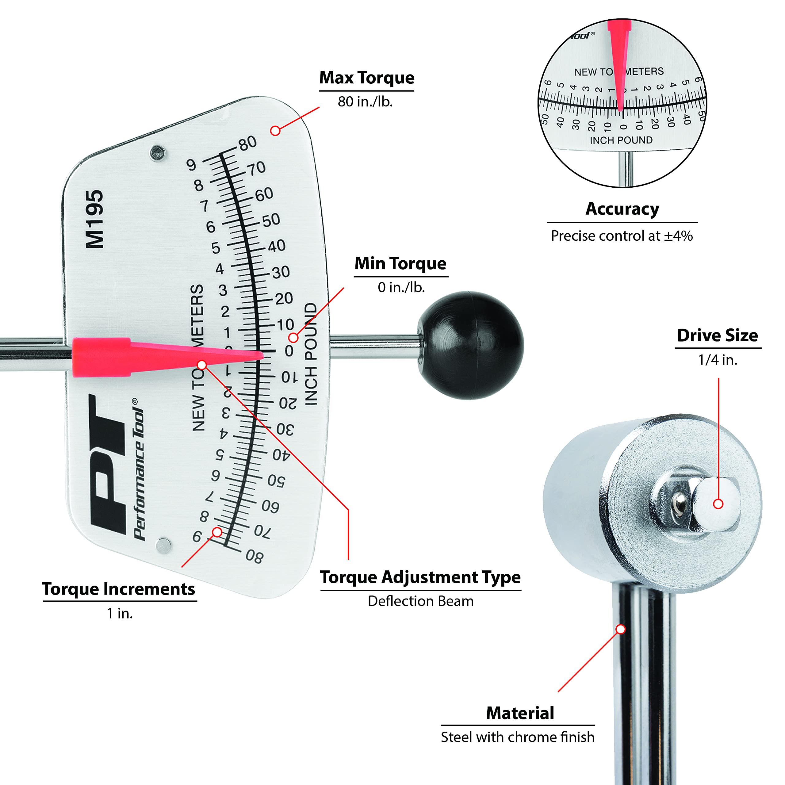 M195 Performance Tool 1/4-Inch Drive Torque Beam Wrench - 0-80 inch/lbs | Ball Handle | Accurate Torque Measurement