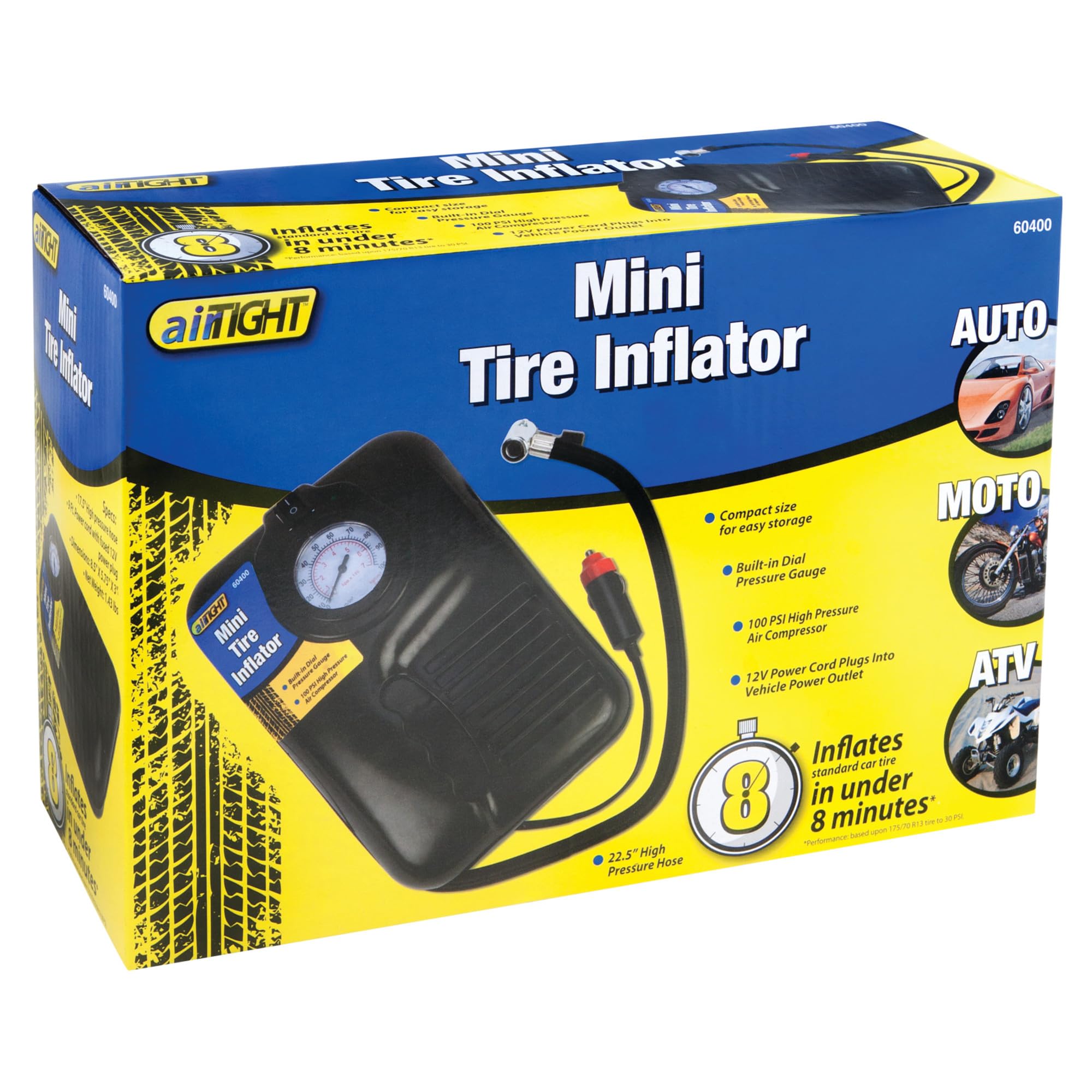 12-Volt Performance Tool Portable Mini Tire Inflator with Built-In Pressure Gauge and LED Light for Cars, SUVs, Bikes, and Motorcycles