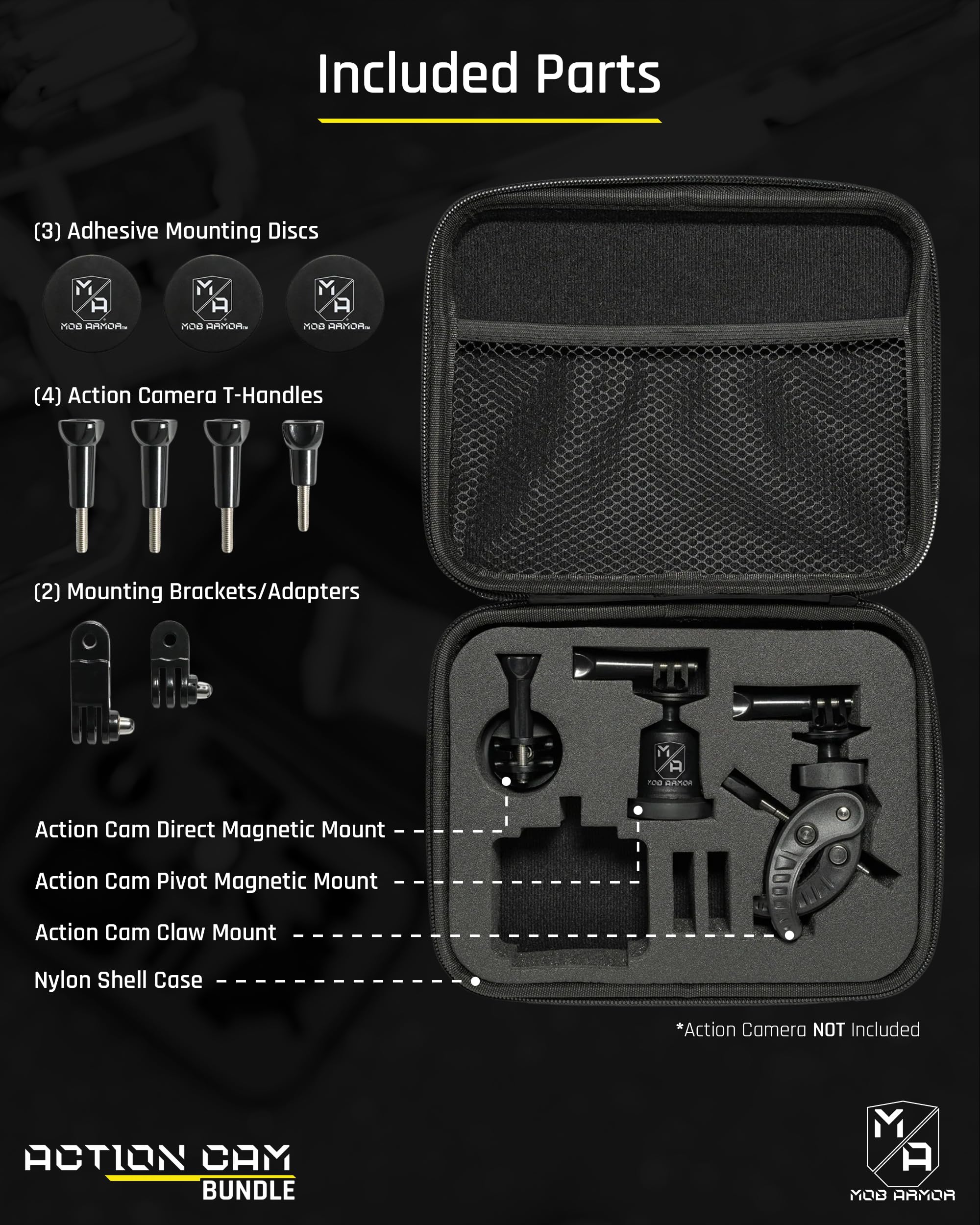 Mob Armor Accessory Kit Action Camera - Complete Bundle with Adjustable Claw Grip, Magnetic Holders, Steel Mounting Plates, and Travel-Friendly Nylon Case for On-The-Go Filming