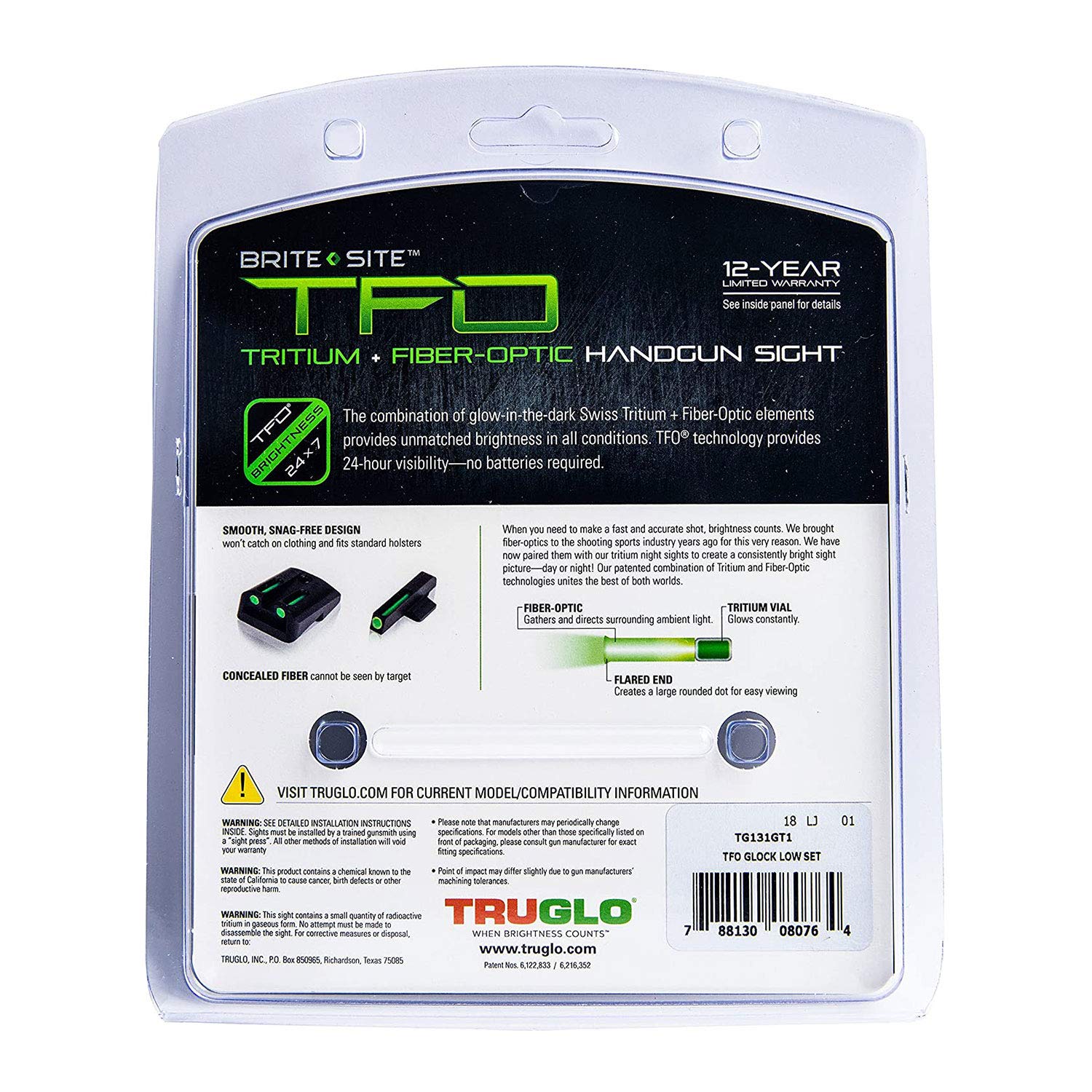 Tritium TruGlo Fiber Optic Handgun Laser Sight Accessories Set with Rear Colors for Glock 20, 21, 25, 28, 29, 30 Models and More, Green Light