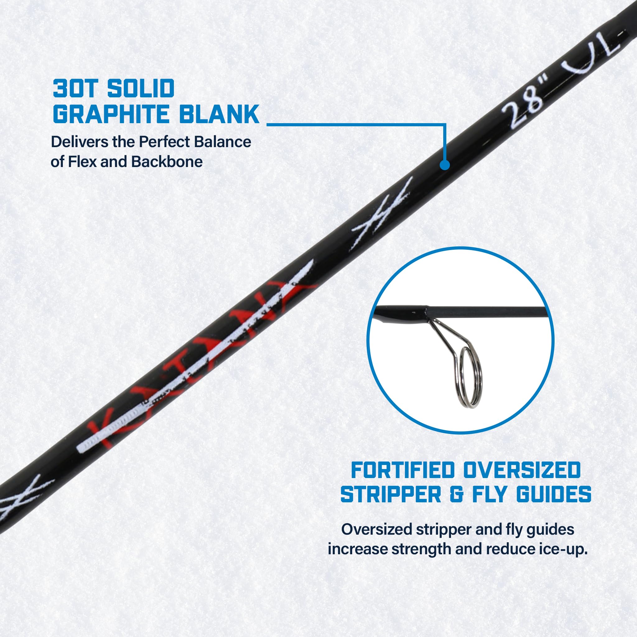 28” Katana Ultra Light Ice Fishing Rod – 30T Solid Graphite Rod with Lightweight Tsuka Handle, Carbon Blank & Oversized Fly Guides – Ultralight Rod for Panfish, Perch & Finesse Jigging