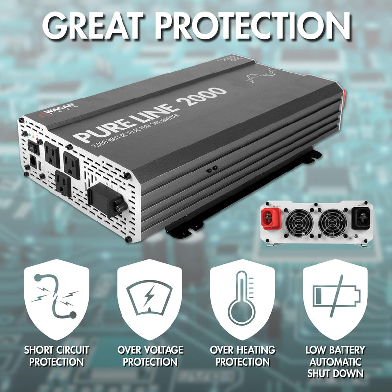 Wagan Pure Line EL3808 Power Inverter 2000 Watt DC 12V to 110V AC Car Pure Sine Wave Power Inverter for Home RV Camping Van Life Off Grid ETL Certified