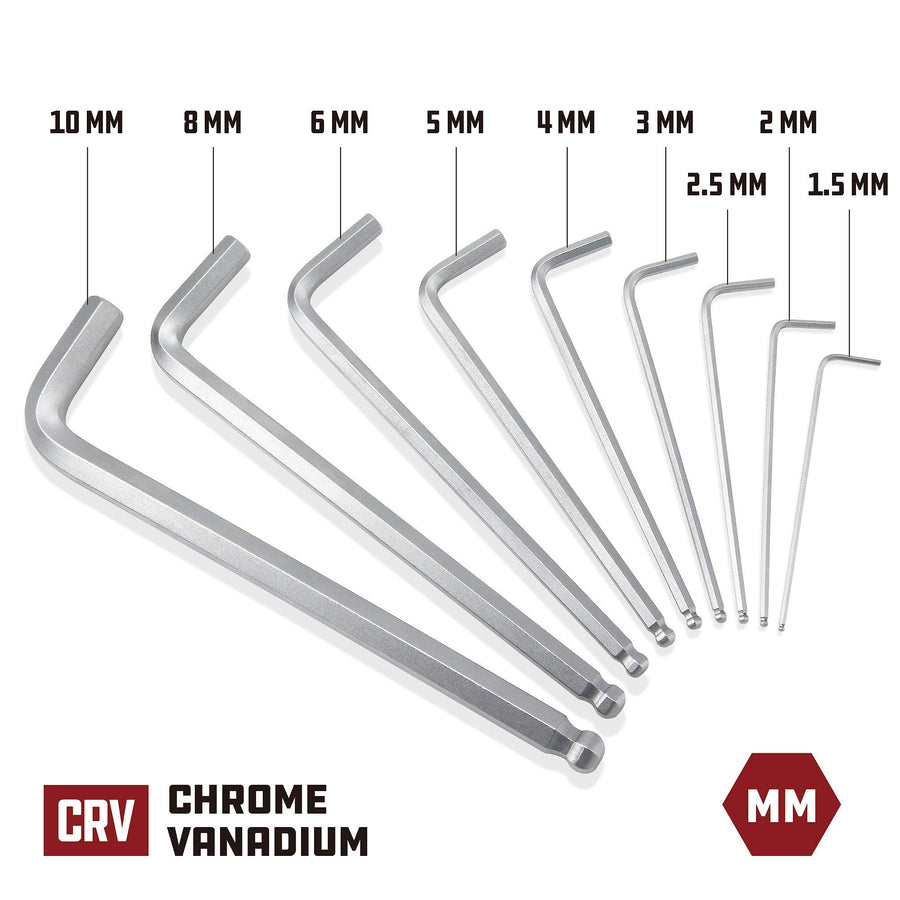 9-Piece Powerbuilt Long Arm Metric Hex Key Wrench Set, Sizes 1.5mm to 10mm, Ball End, Hardened Chrome-Vanadium Steel with Storage Rack – 640082