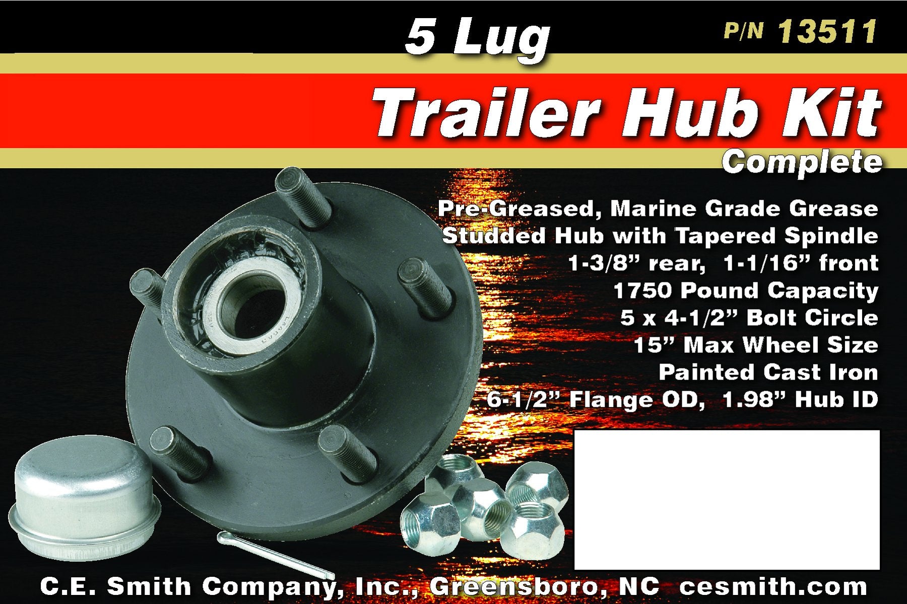 Trailer Hub Kit - CE Smith - Boat Trailer Hub kit for Trailer Accessories - 1.37" Tapped; 5 Studs with 4.5" Bolt Diameter - 1750 LB Capacity (13511)