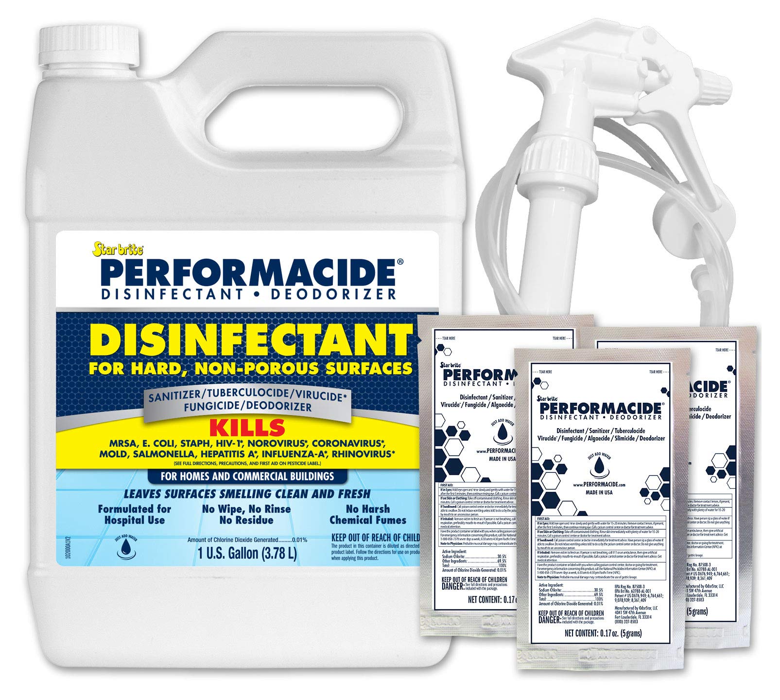 Disinfectant PERFORMACIDE - Kills COVID-19 Virus in 30 Seconds - No Rinse, No Wipe, No Residue - Just Add Water - Gallon Kit with 3 Refill Pouches & Sprayer (102000)