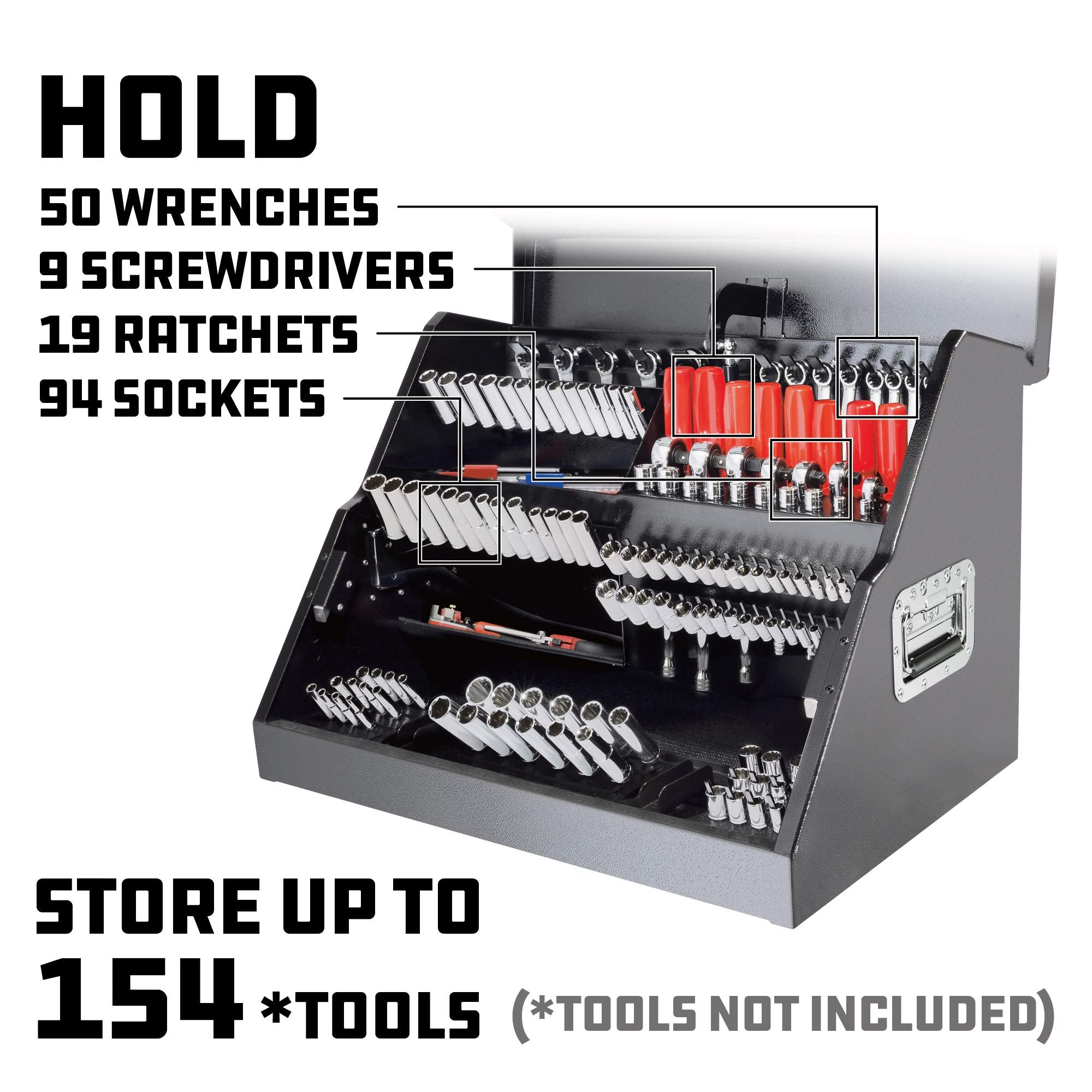 Powerbuilt 26 Inch Rapid Portable Slant Front Toolbox Tiered Tool Holders, 16 Gauge Steel, Weather-Resistant Lockable Magnetic Lid, Grey - 240102