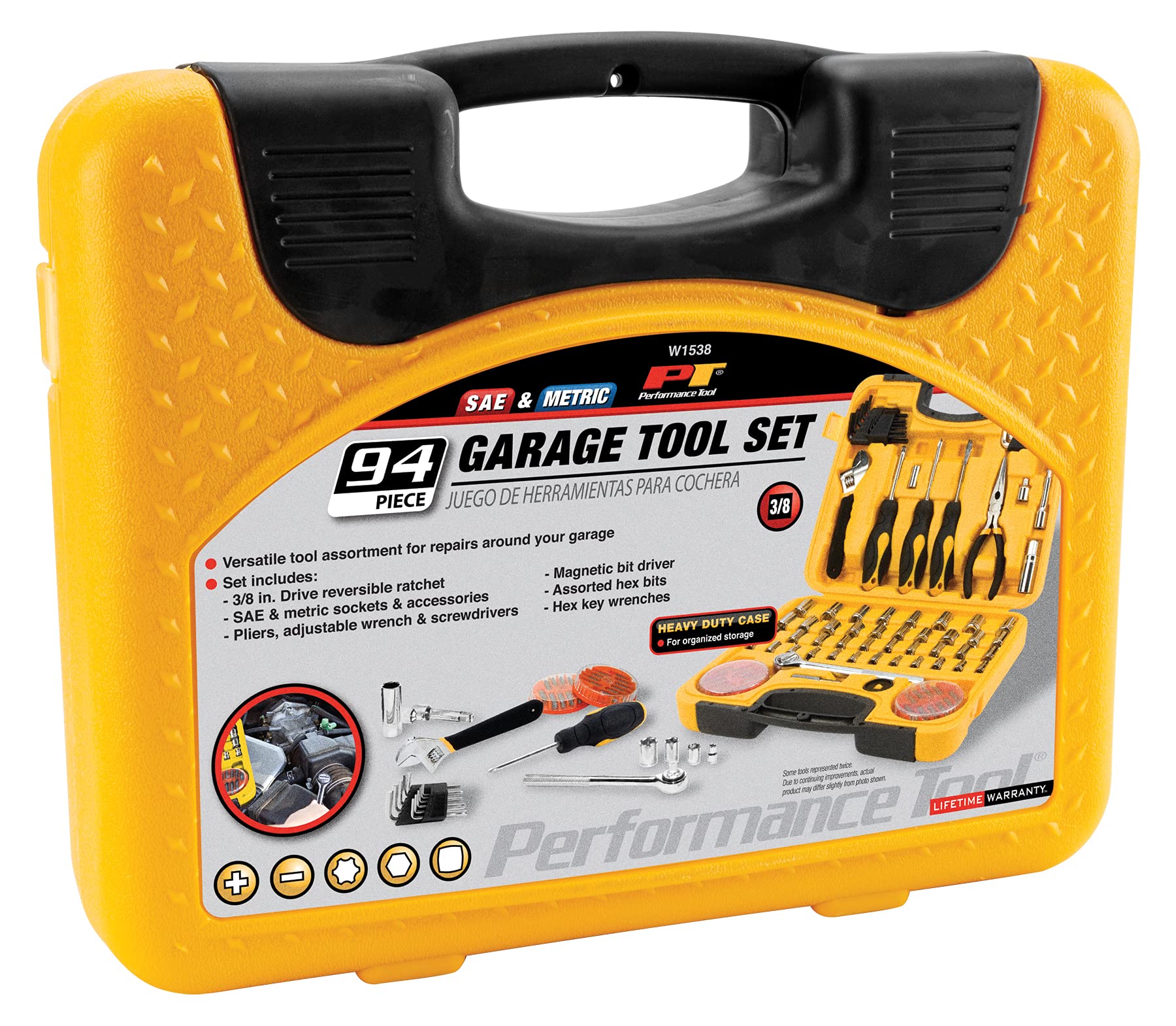 Garage Tool Set Performance Tool W1538 for House Repairs and Projects, Yellow, 94 Pieces
