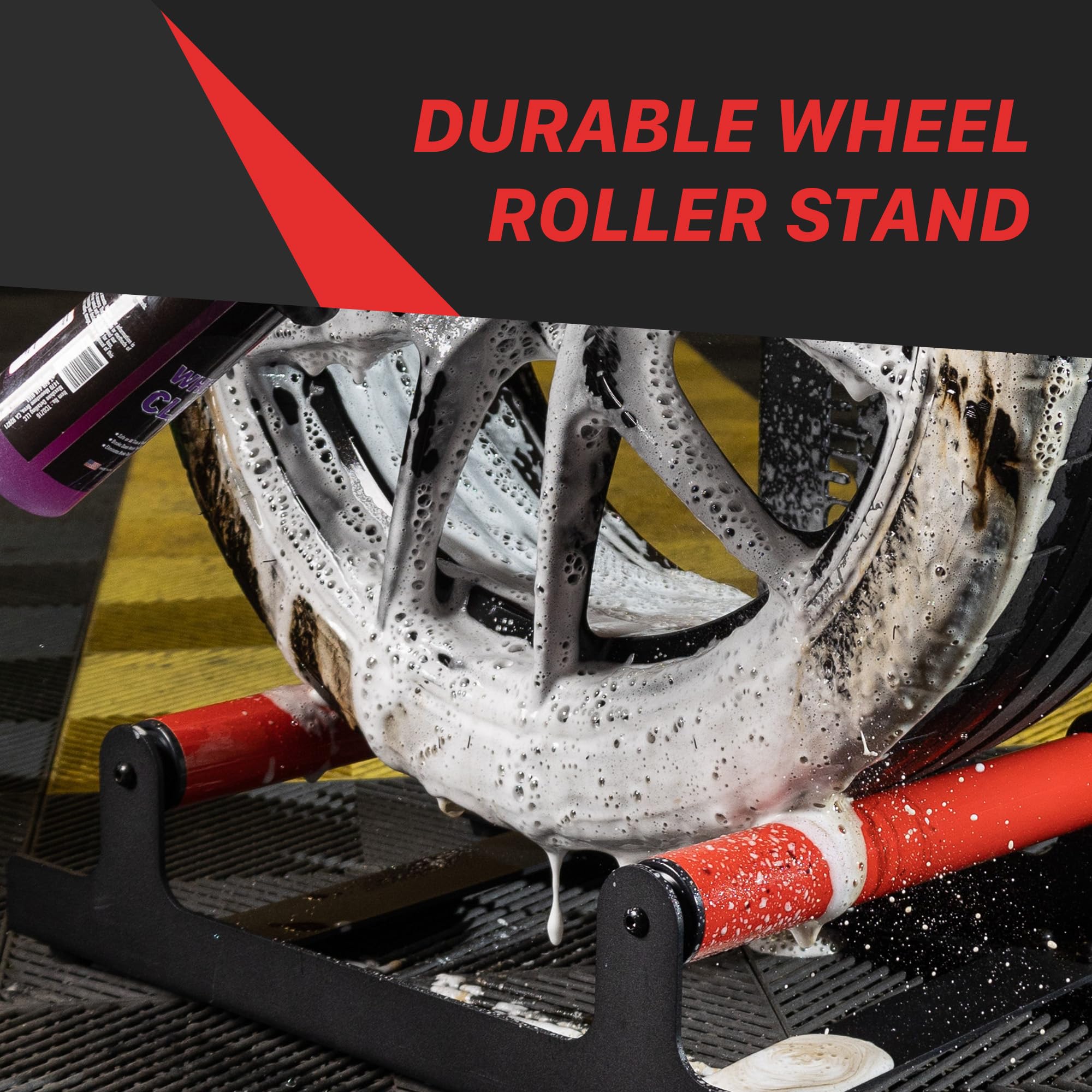 Maxshine Red Universal Wheel & Rim Detailing Rolling Stand | 360° Rotating Tire Stand for Wheel Wash, Ceramic Coating & Tire Shine | Heavy-Duty Rim Roller Stand for Professional Auto Detailing