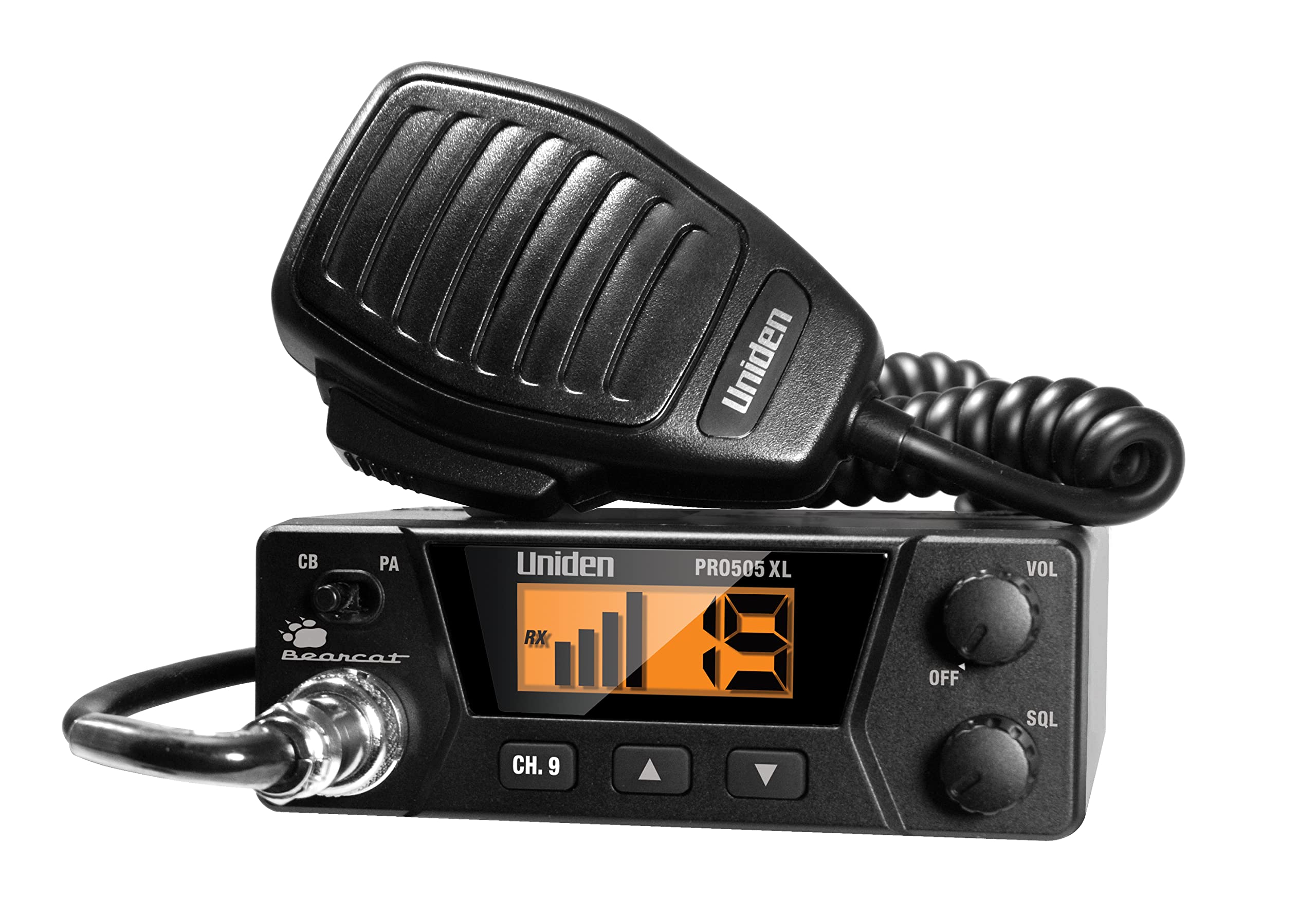 40-Channel Uniden PRO505XL CB Radio. Pro-Series, Compact Design. Public Address (PA) Function. Instant Emergency Channel 9, External Speaker Jack, Large Easy to Read Display. - Black