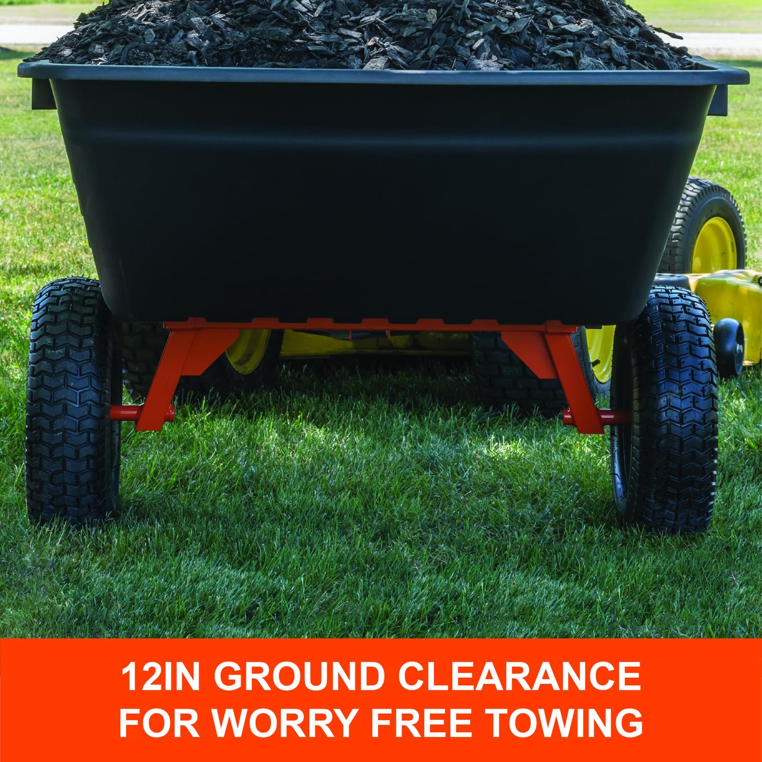 1,000-Pound Capacity Agri-Fab 45-0553 Poly Swiveling Tow Behind Dump Cart, 18 Cubic Feet Capacity, 80 Degree swiveling, 52 Degree Dumping, 16-Inch x 6.5-Inch Pneumatic Turf Tread Tires