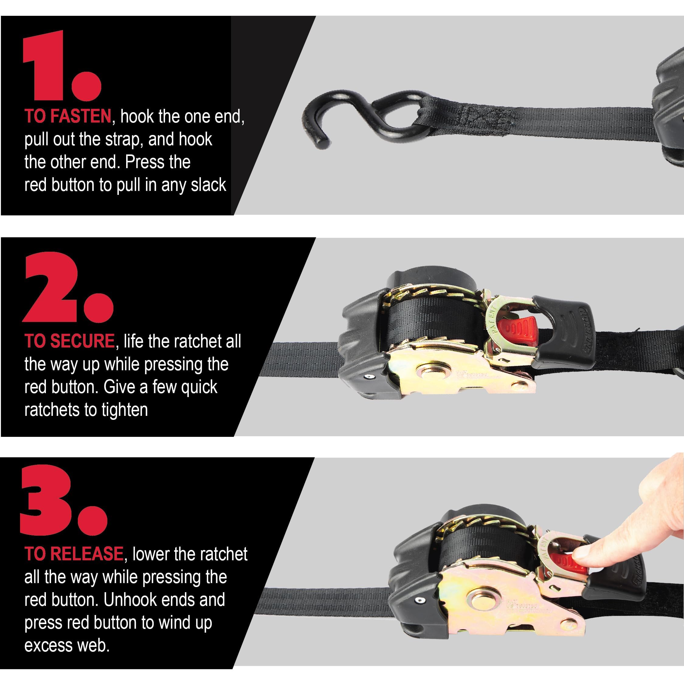 2in x 10ft Black Erickson Pro Series Retractable Ratcheting Tie-Down Straps, High-Strength Design, 3300 lb Load Capacity, Pack of 2