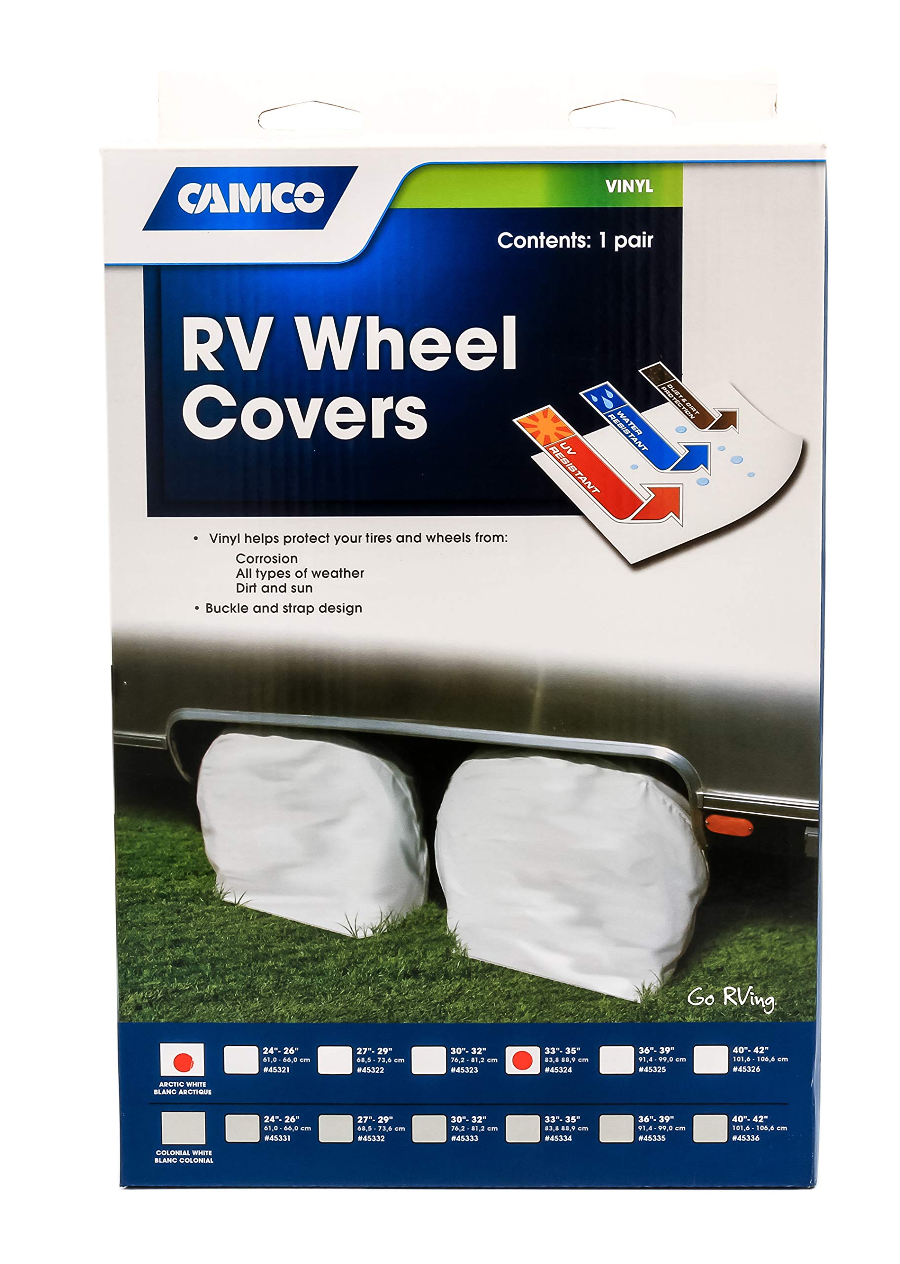 Vinyl Wheel & Tire Protector Camco 45324, 2 Pack (33 inches-35 inches, White)