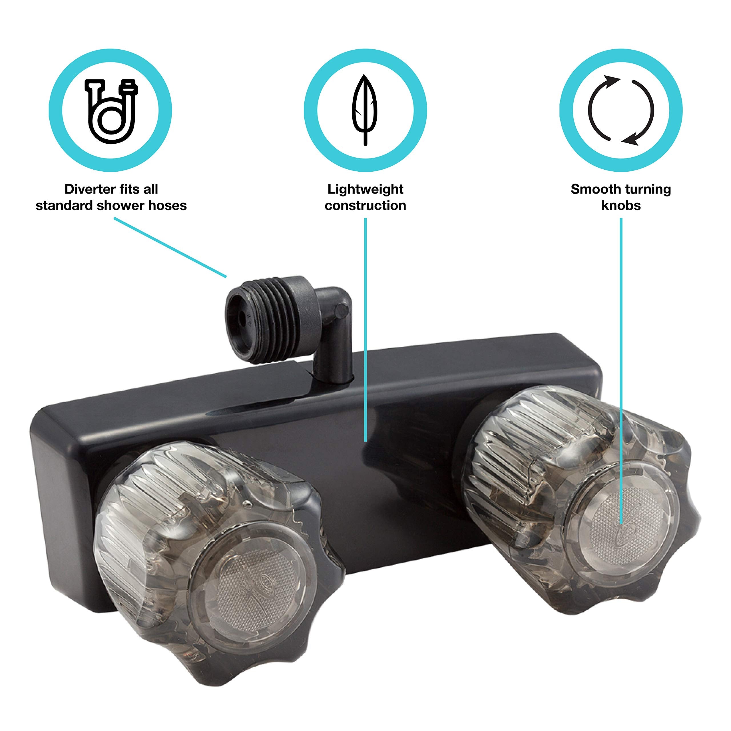 Dura Faucet RV Shower Faucet DF-SA100S1-BK Valve Diverter for Exterior Shower Boxes with Clear Acrylic 2-Knobs (Black)