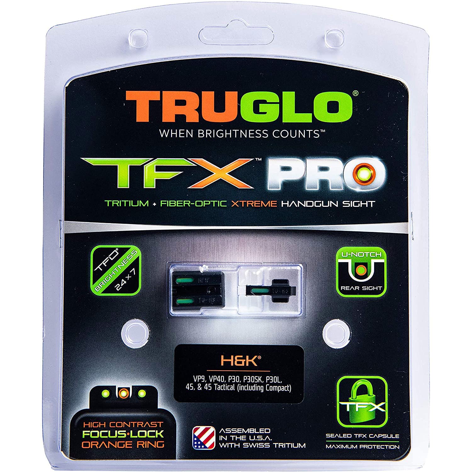 TFX Pro TRUGLO Tritium and Fiber Optic Xtreme Handgun Sights for H&K VP9, VP40, P30, P30SK, P30L, 45, and 45 Tactical Pistols, Black, One Size