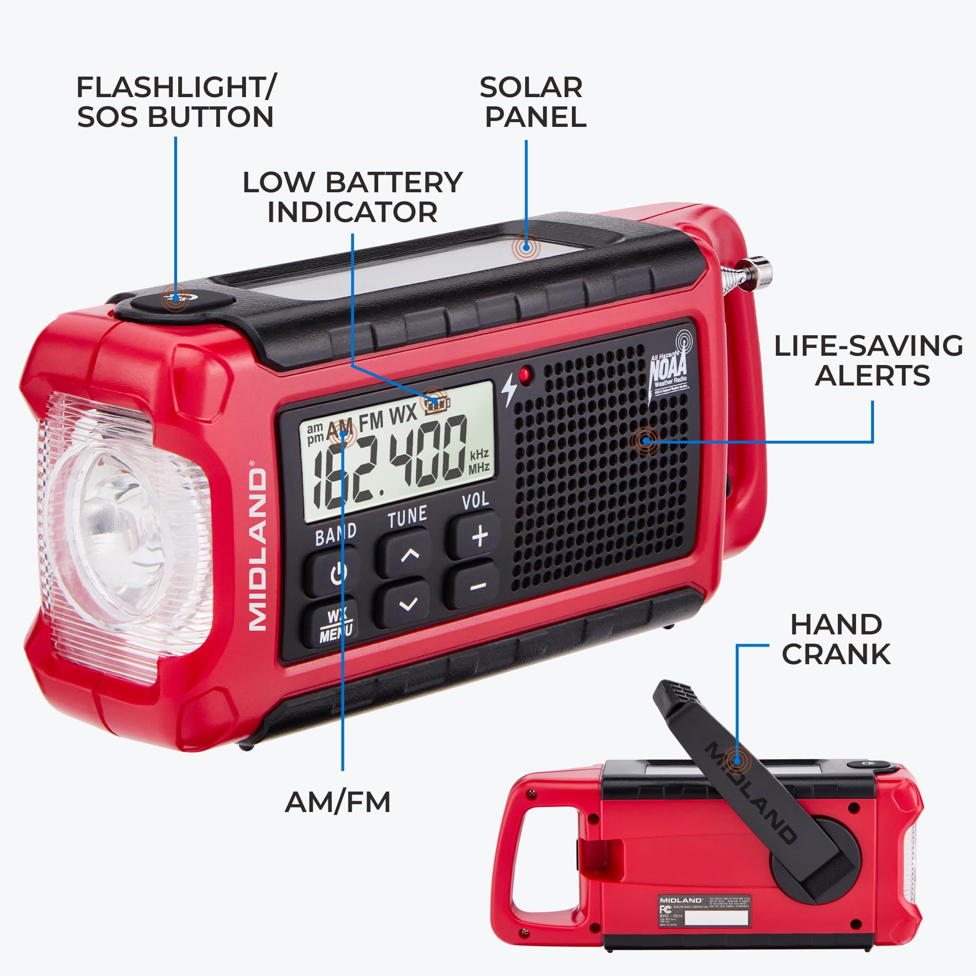 Midland NOAA ER210 Emergency Weather Radio - Compact, Crank, Weather Alerts, AM/FM Radio, Multiple Power Sources, SOS Emergency Flashlight