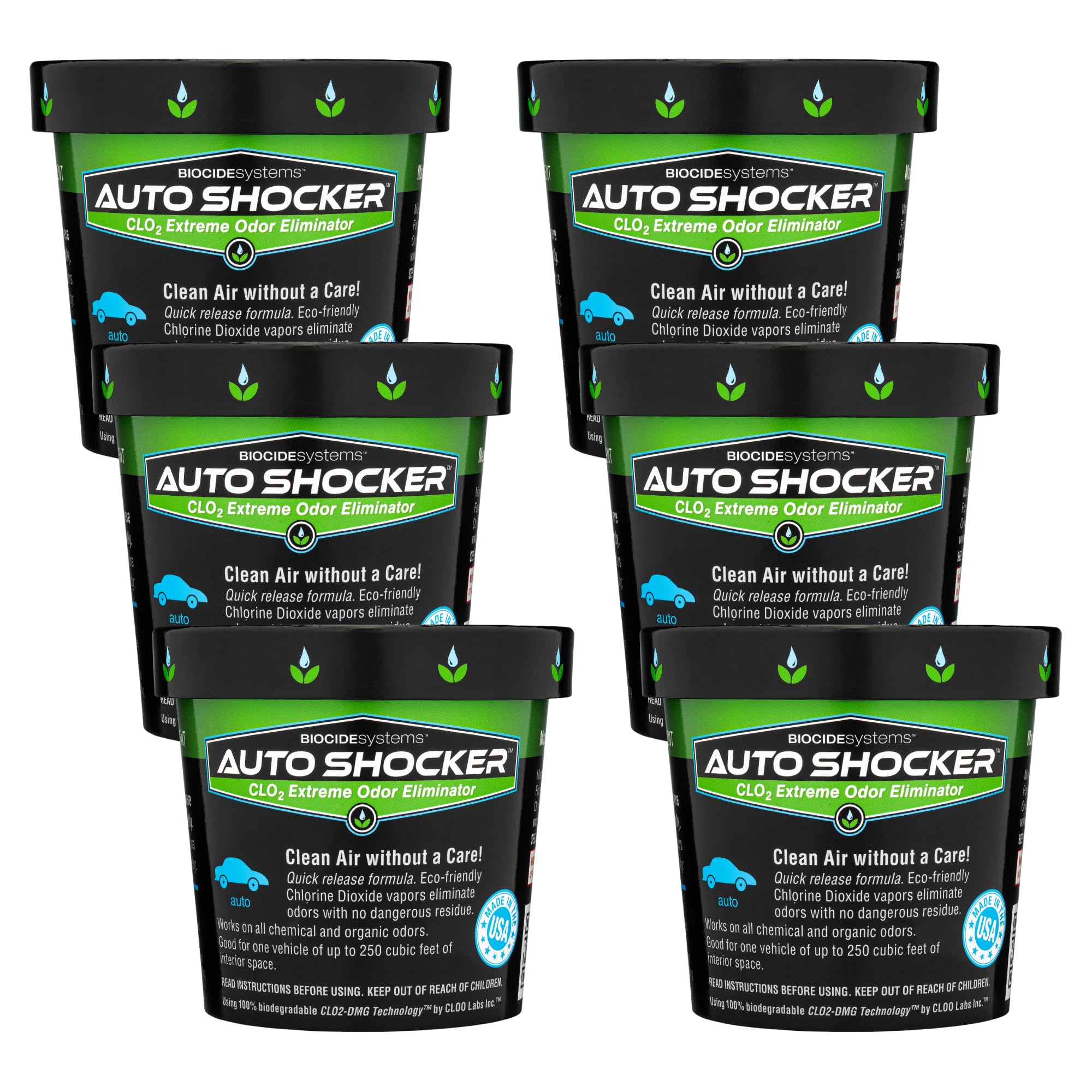 Biocide Systems Strong Auto Shocker Car Odor Eliminator, Eco-Friendly ClO2 Odor Remover for Tough Odors in Vehicle Interiors, Up to 250 Cubic Feet (6-Pack)