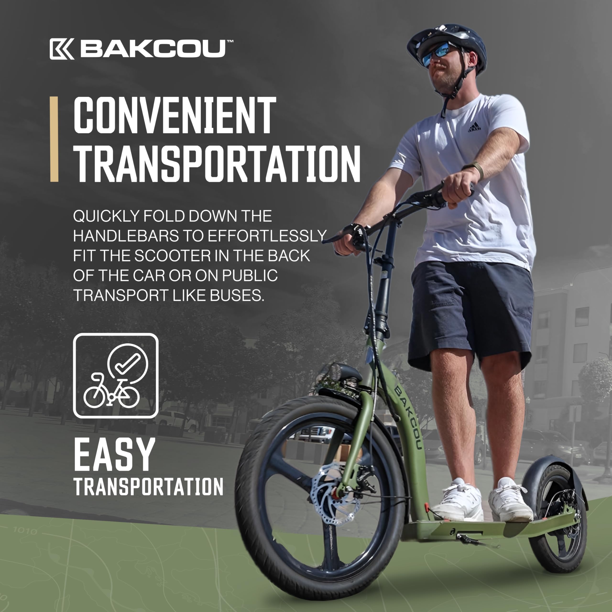Bakcou - Badger Foldable Electric Scooter with Seat - Matte Green - 350W Motor 36V Battery, Large Wheels, Disc Brakes with Lights, Horn & Charger