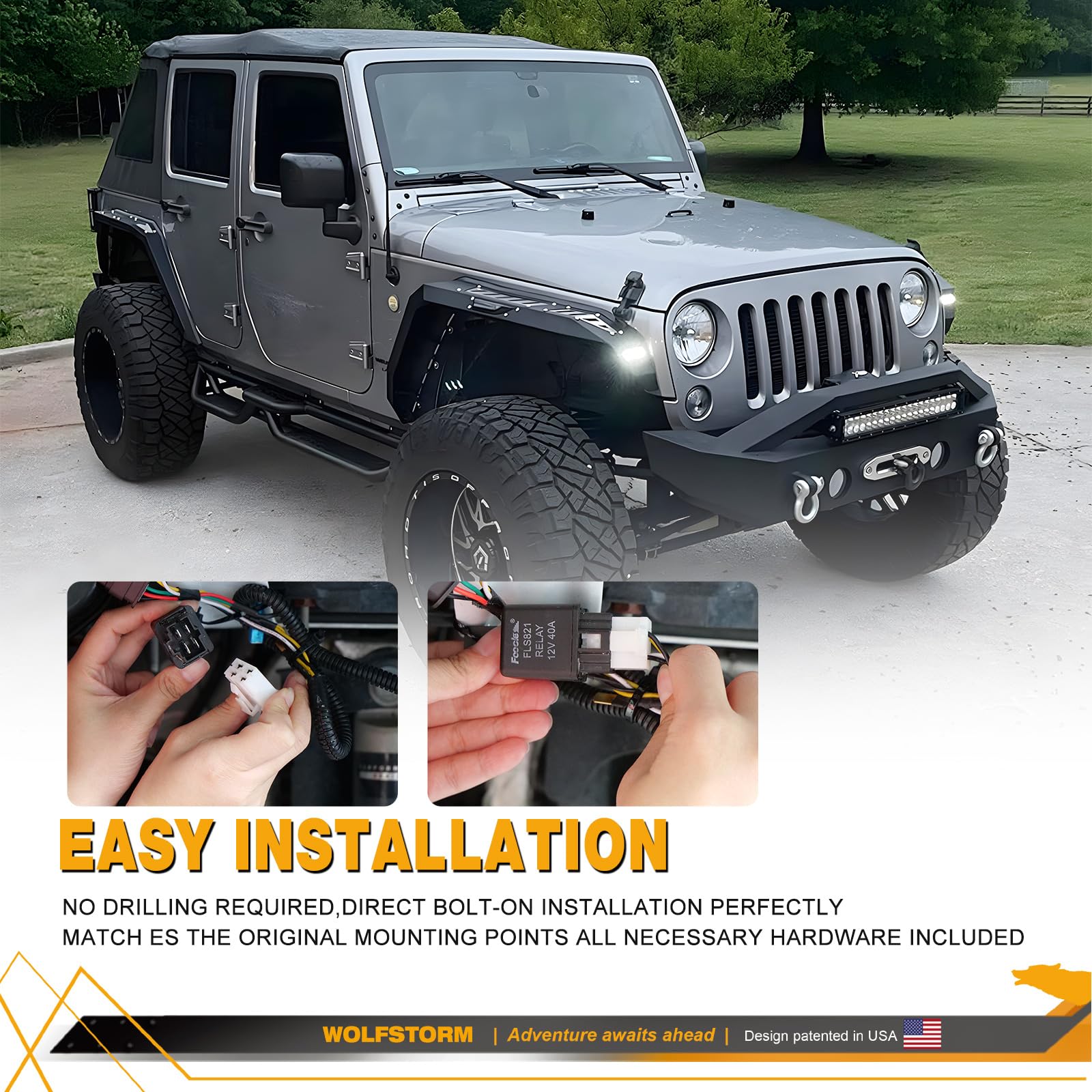 WOLFSTORM Fender Flares Front for 2007-2018 Jeep Wrangler JK/JK,Sequential Turn Signal Light and DRL Light Function Design,2007-2018 Jeep JK Front Fender Flares Replacement Accessories,Right+Left