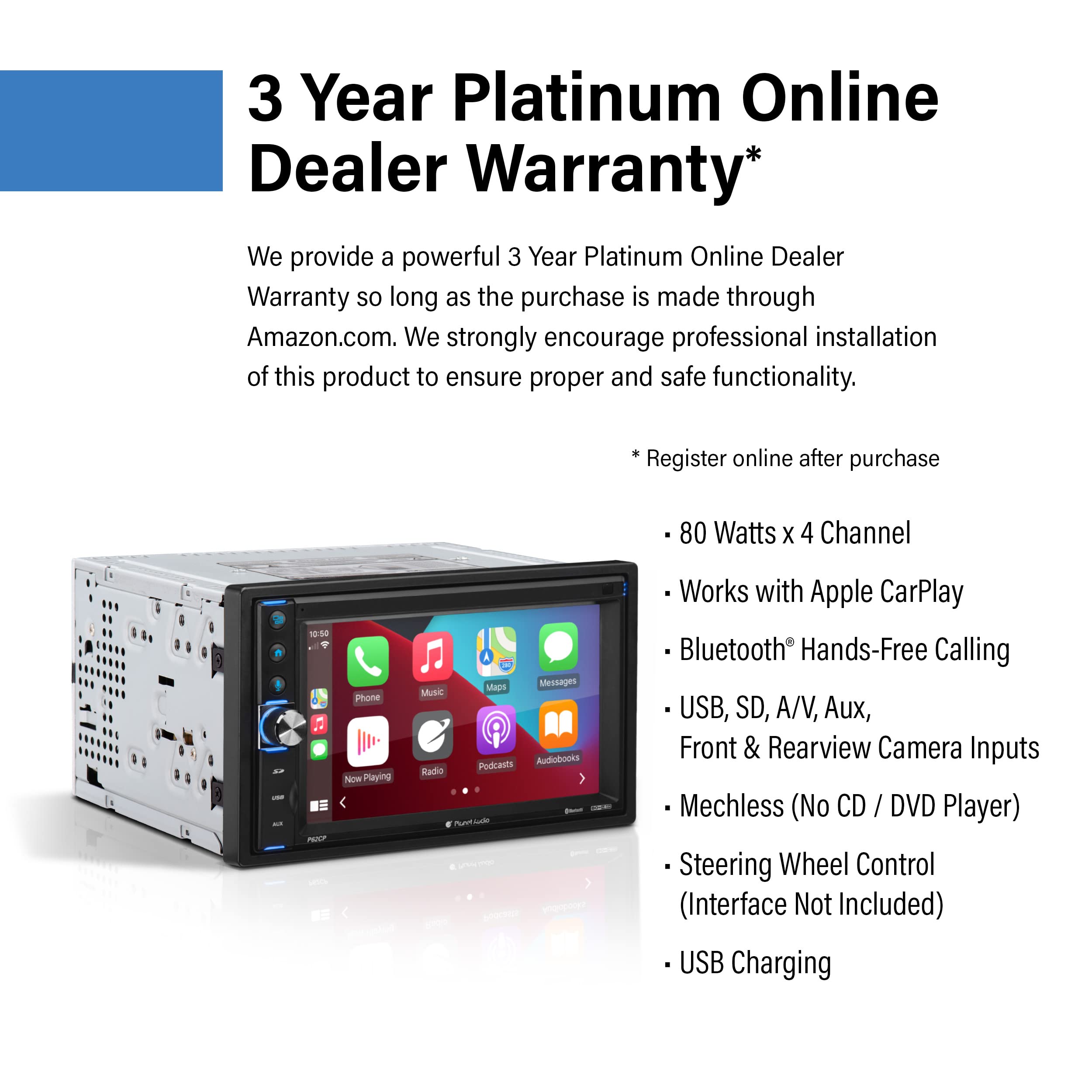 P62CP Planet Audio Car Audio Stereo System - Apple CarPlay, 6.2 Inch Double Din, Touchscreen, Bluetooth Audio and Hands-Free Calling, USB, SD, AM/FM Radio Receiver, No CD Player