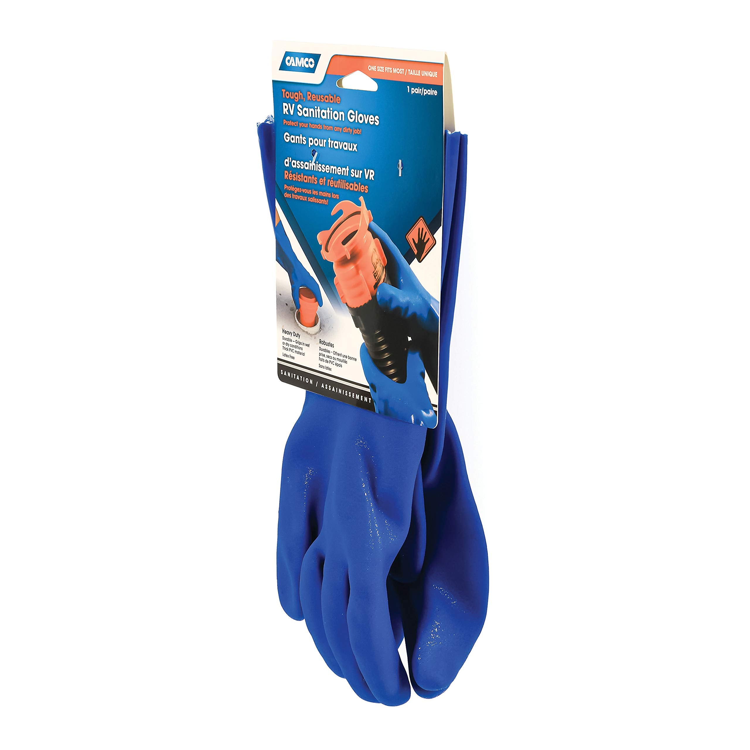 Camco All Purpose Durable RV and Camper Reusable Sanitation Gloves - Will Grip in Wet or Dry Conditions | Blue PVC Gloves - 1 Pair (40287)
