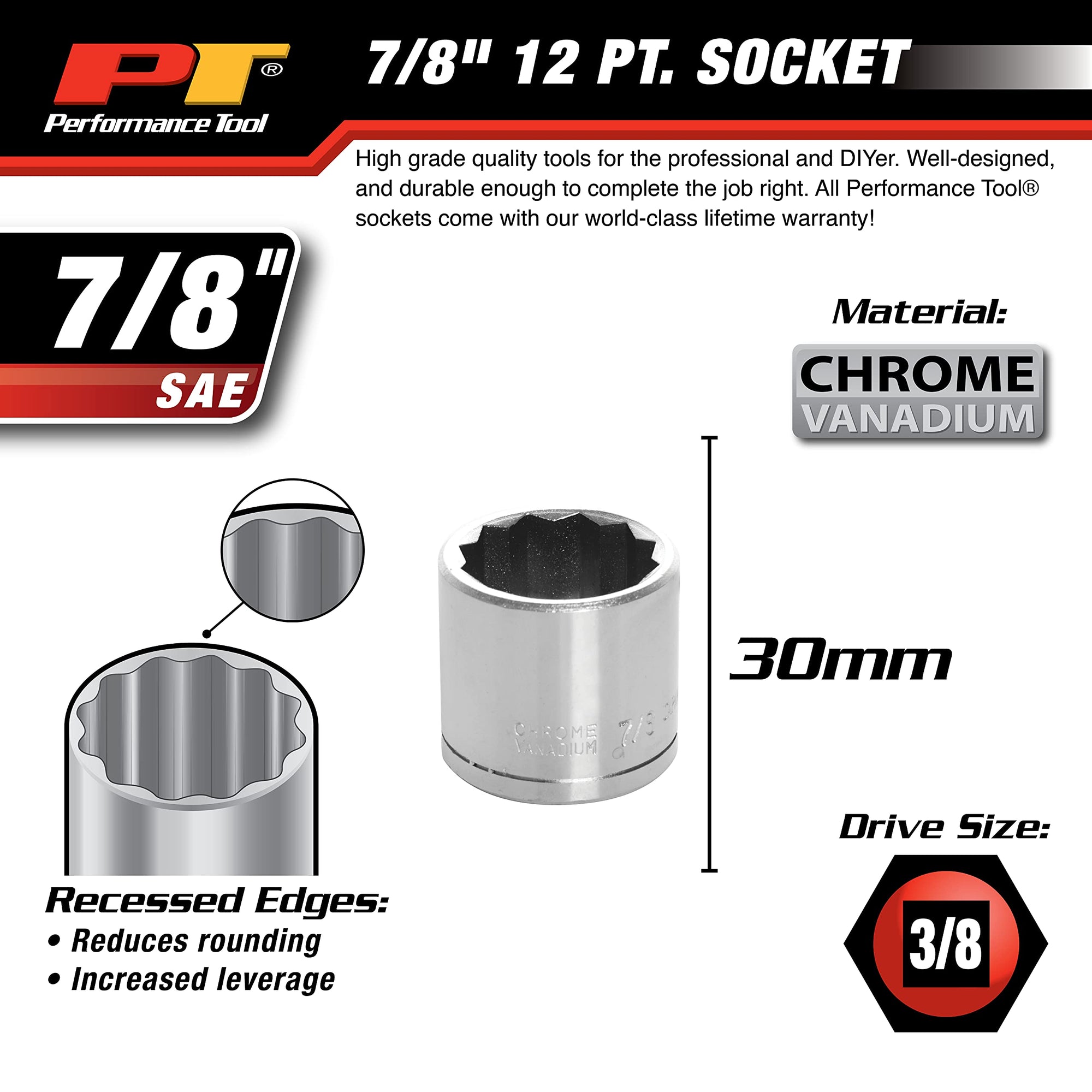 W38528 Performance Tool 3/8-Inch Drive 12-Point Socket, 7/8