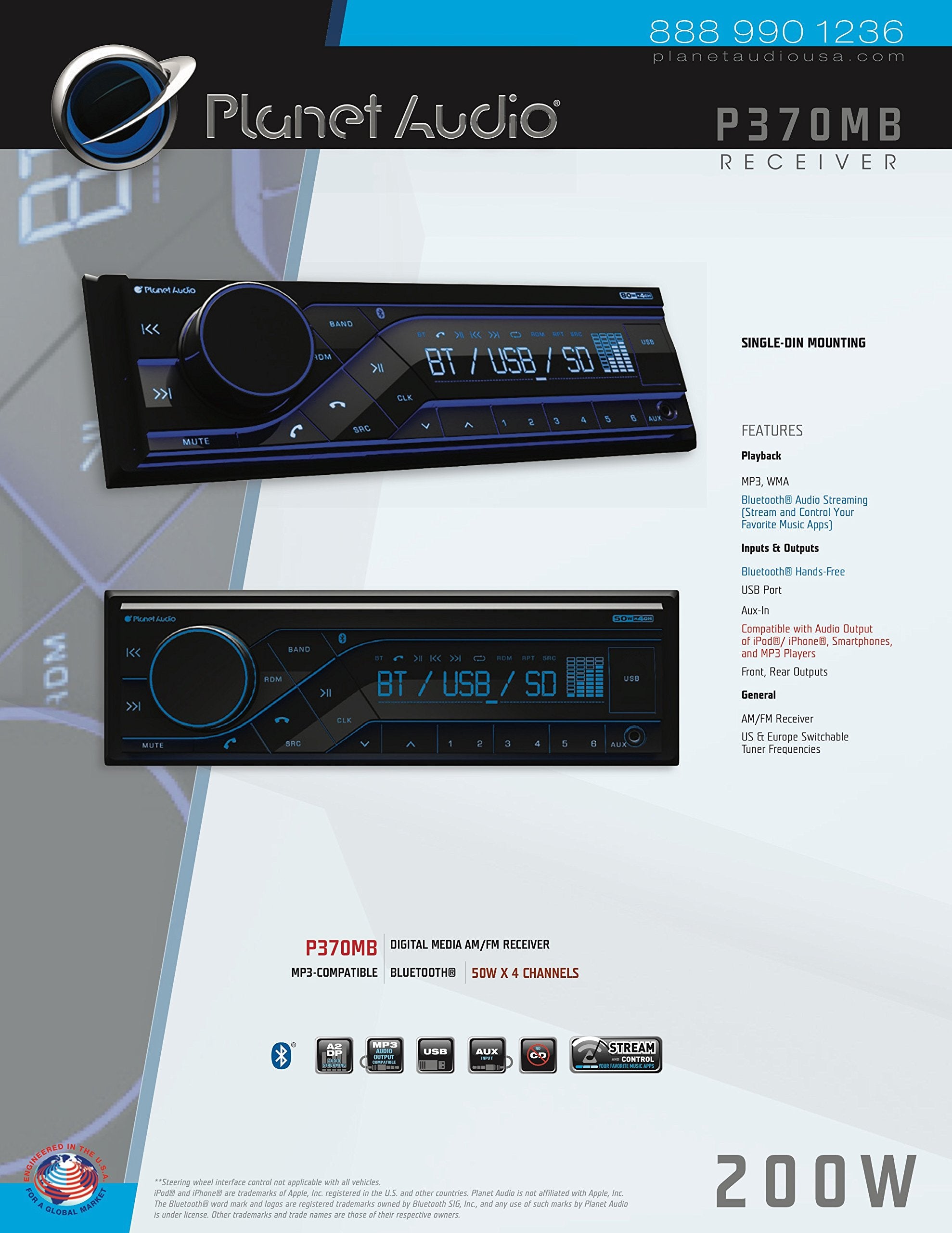 P370MB Planet Audio Car Receiver - Bluetooth / MP3 / USB, AM/FM Radio, (No CD/DVD)