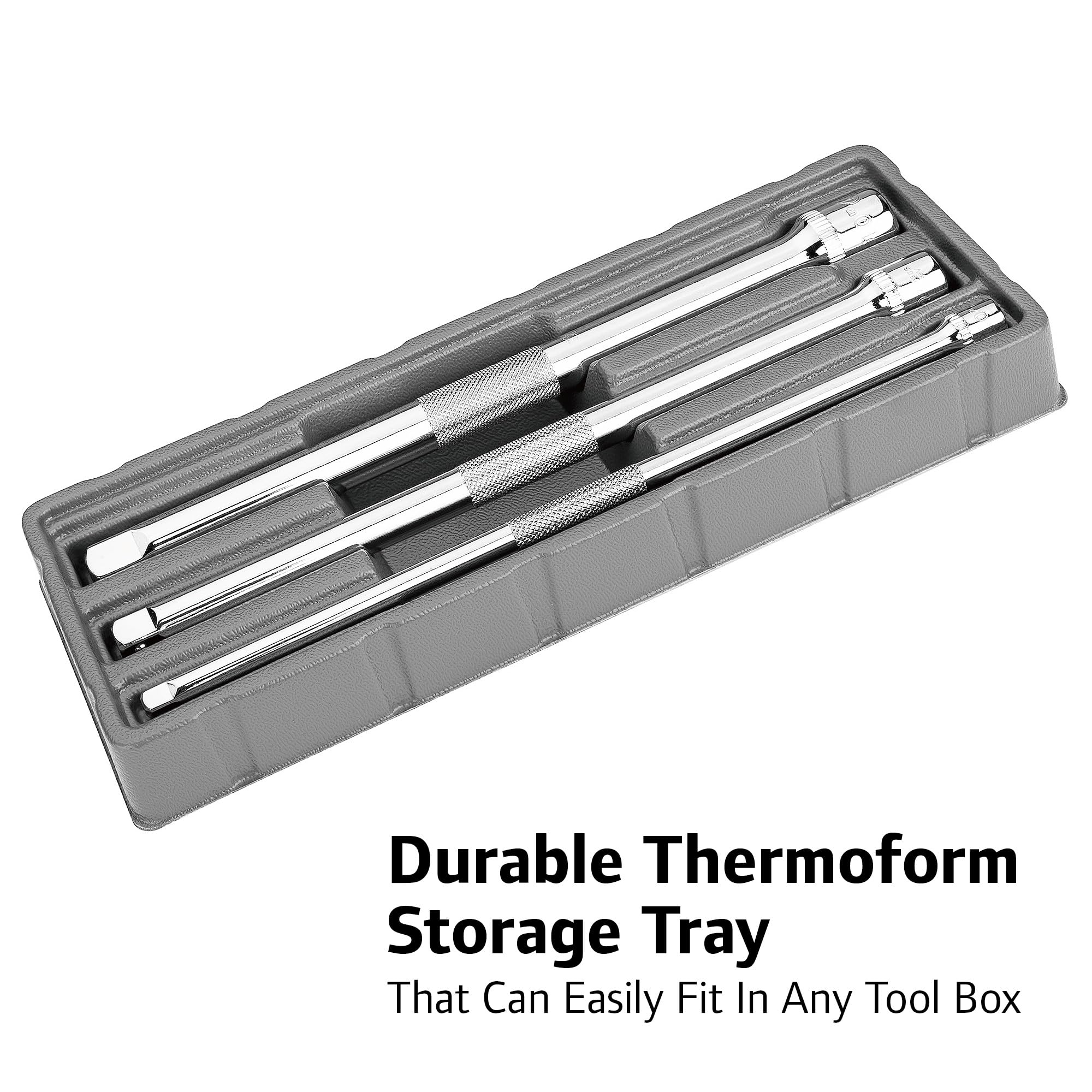 3-Piece Ingersoll Rand Extension Bar Set with Storage Tray, 10-Inch Chrome Vanadium Extensions in 1/4", 3/8", and 1/2" Drive with Reusable Storage Tray, Mirror-Polished Finish - 752056