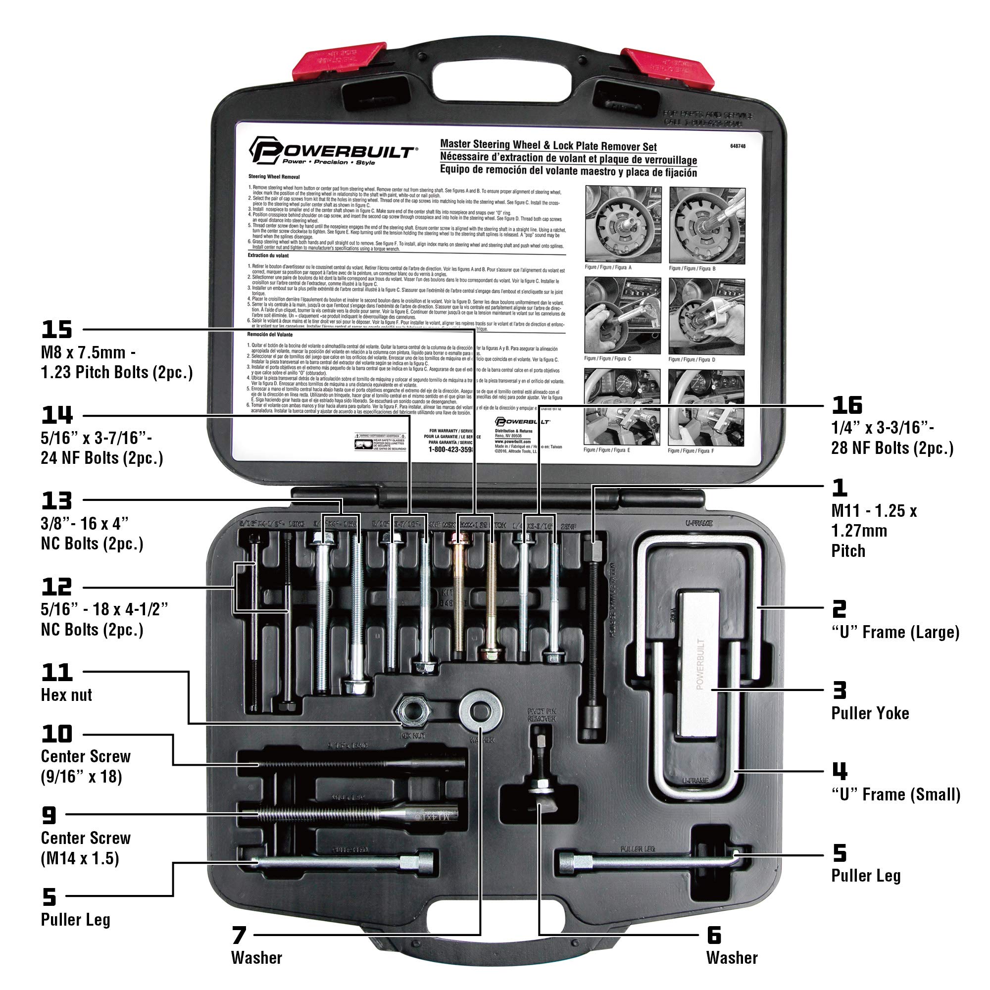 Powerbuilt Steering Wheel and Lock Plate Puller Kit Master, Foreign and Domestic Vehicles, 16 Piece Car Repair Tool Set - 648748