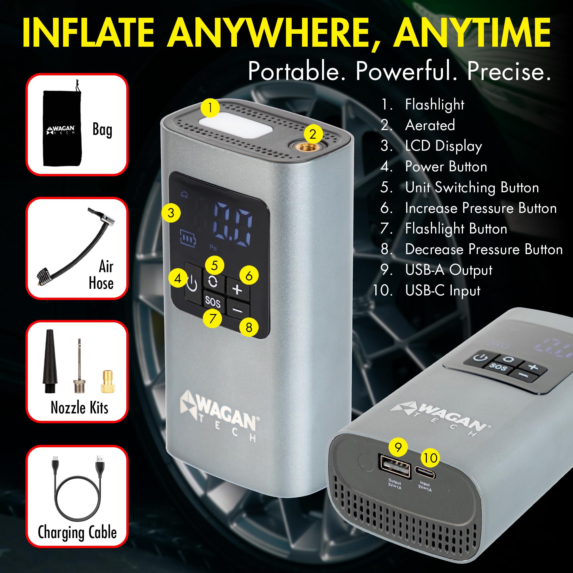 Wagan Cordless EL7317 Air Tire Inflator, 150PSI Portable Air Pump with Auto Shut-Off LED Light Handheld Air Compressor for Car, Bicycle, Motorcycle, Ball