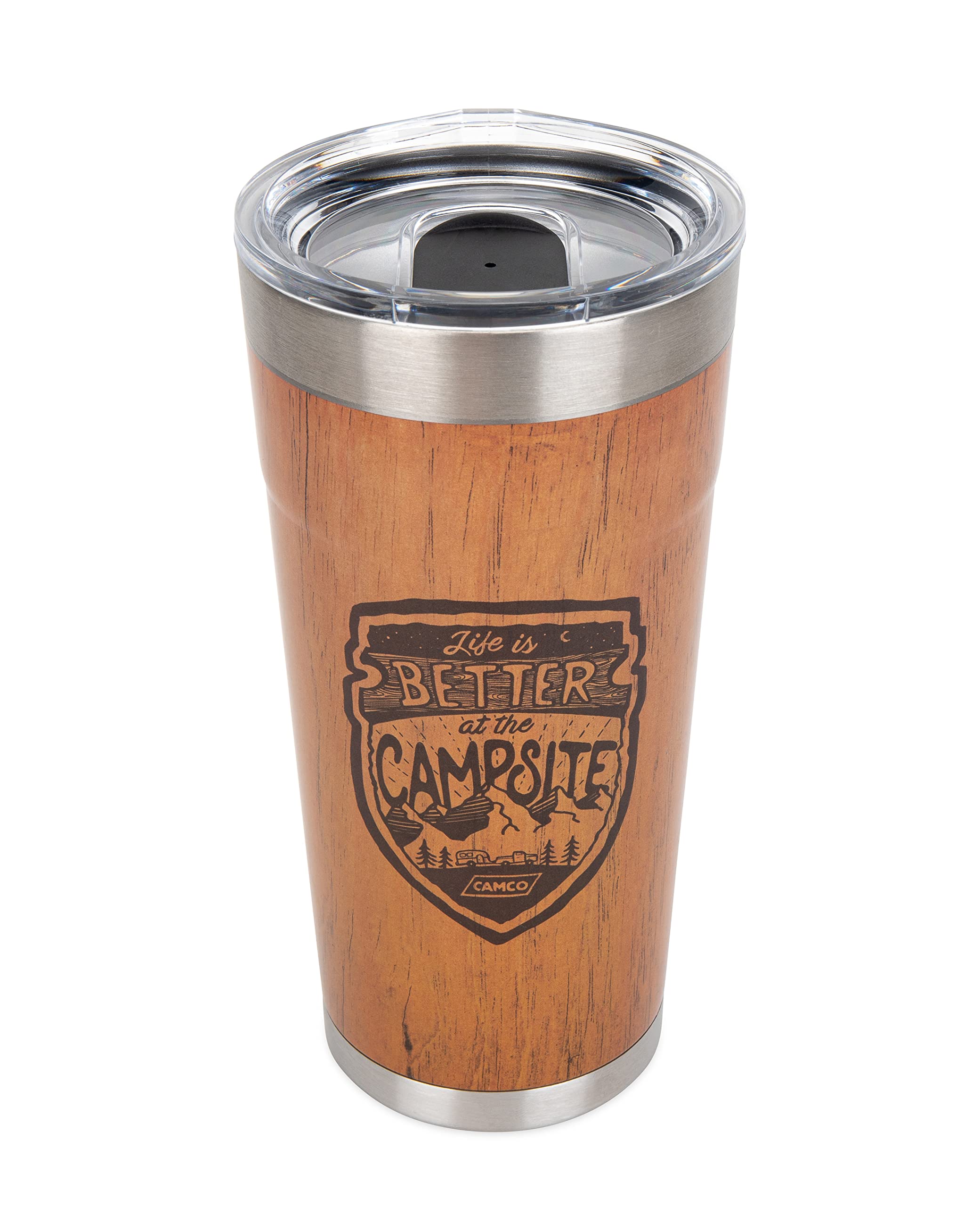 Wrapped Stainless Steel Tumbler Camco Life is Better at The Campsite - Features Double Wall Vacuum Insulation for Heat/Ice Retention & Unique Wood Grain Design - Holds 20 oz. (53327)
