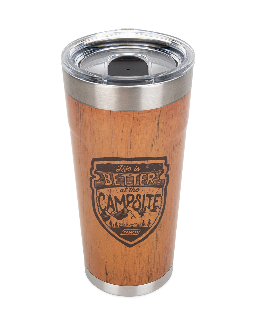 Wrapped Stainless Steel Tumbler Camco Life is Better at The Campsite - Features Double Wall Vacuum Insulation for Heat/Ice Retention & Unique Wood Grain Design - Holds 20 oz. (53327)