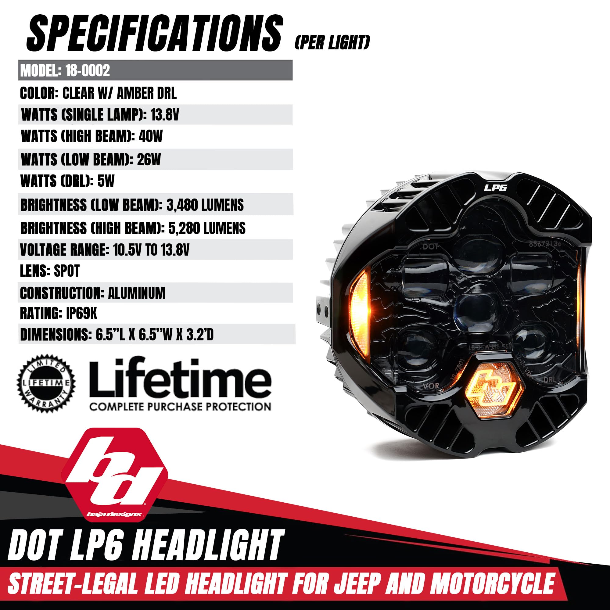 Baja Designs LP6 DOT SAE 6.5" Road-Legal LED Headlight – High/Low Beam Functionality with Amber DRL - Universal Fit for Motorcycle, Jeep, & Off-Road (Single)