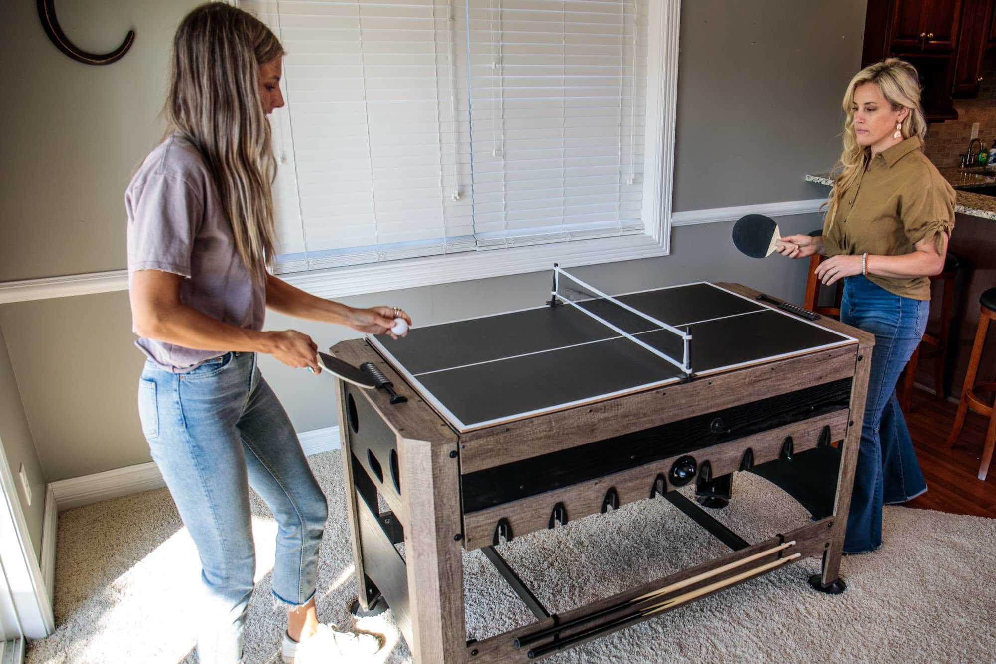 56” Triumph 4-in-1 Swivel Multi-Game Table - Air Hockey, Billiards, Foosball, Ping Pong - Rustic Wood Grain Finish
