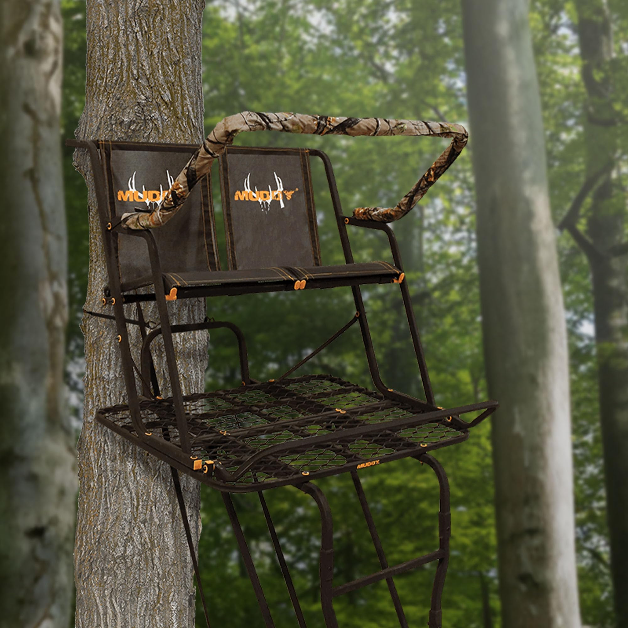 2-Person Muddy Ladder Tree Stand for Deer Hunting, The Partner, 17' Tall, Black - Adjustable Climbing Treestand with Platform, Straps and Safety Harness for Shooting
