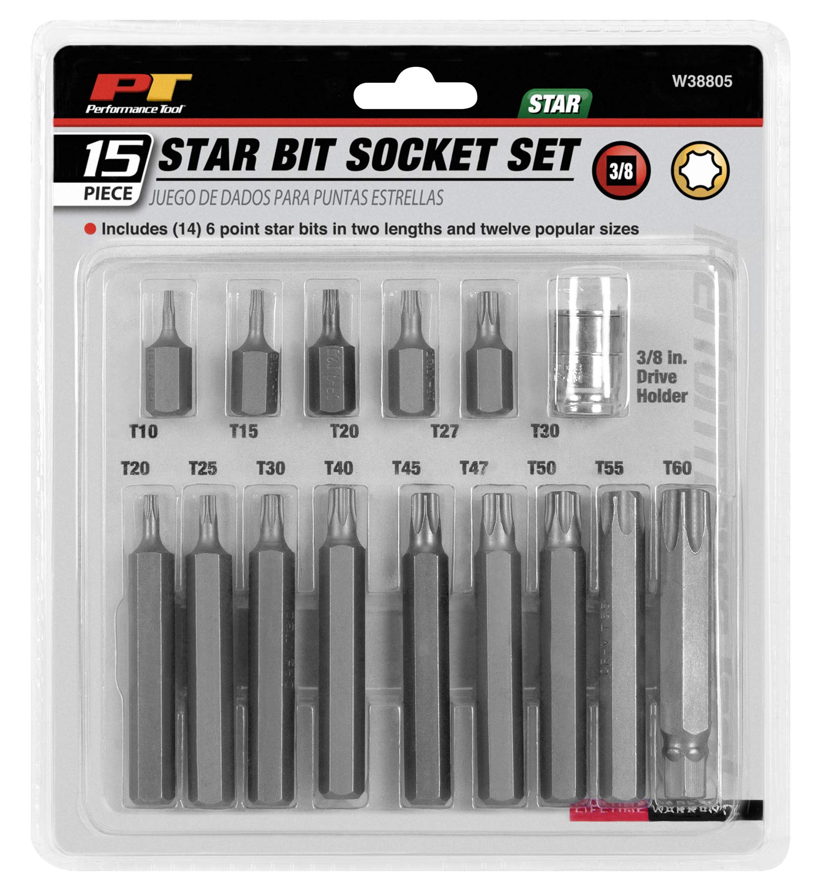 W38805 Performance Tool 3/8" Drive 6-Point Star Bit Set, 26-Piece with Holder, Chrome Vanadium Steel Construction, Corrosion Resistant