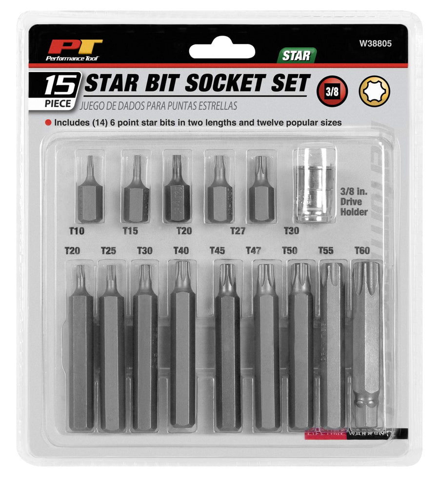 W38805 Performance Tool 3/8" Drive 6-Point Star Bit Set, 26-Piece with Holder, Chrome Vanadium Steel Construction, Corrosion Resistant