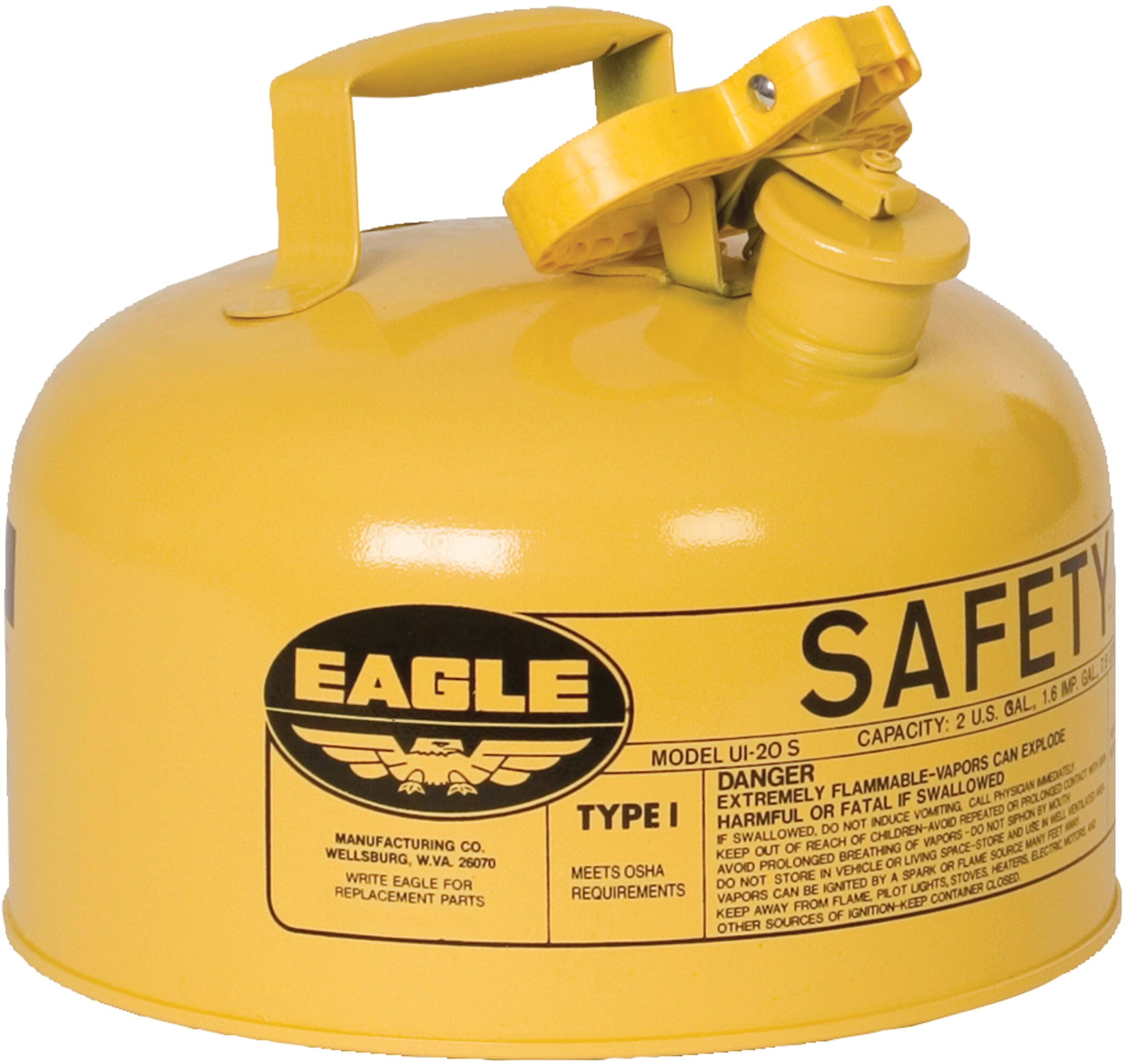 Eagle 2 Gallon Yellow Type I Safety Gas Can for Diesel with Flame Arrester and Self-Closing Lid, Made in the USA, Galvanized Steel Flammable Storage Can, UI20SY