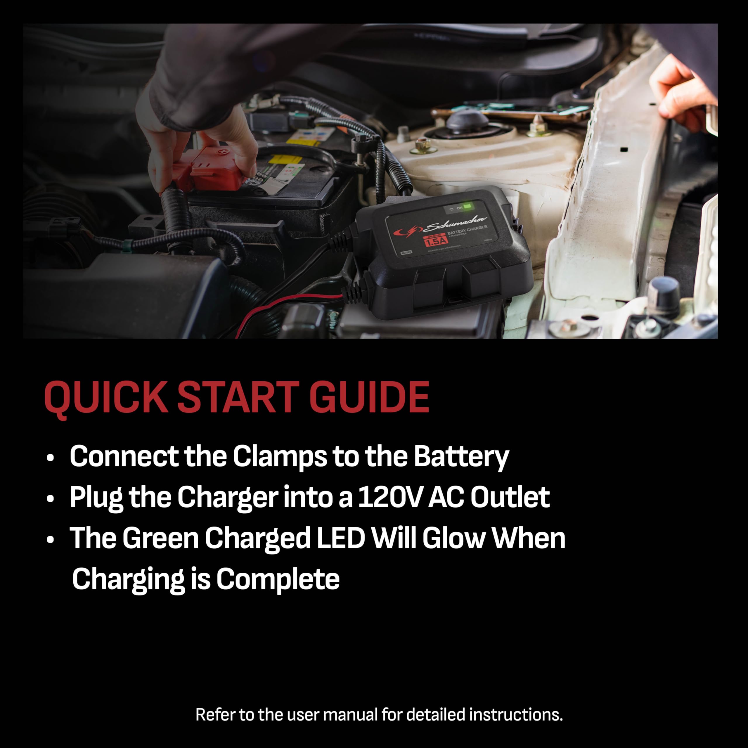 1.5A Schumacher Electric Onboard Car Battery Charger and Maintainer, 3-in-1 Solution, for 6V/12V Power Sport, Automotive, and Marine Batteries, SC1587