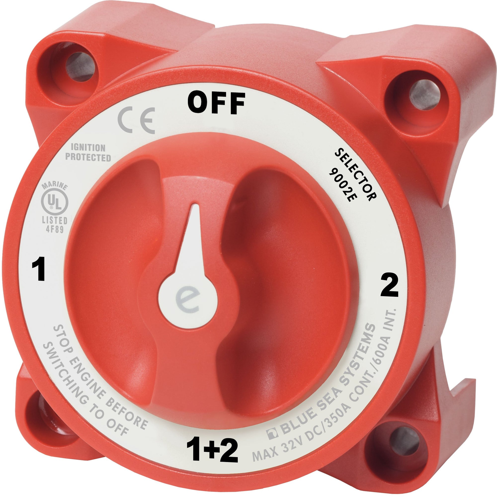 Blue Sea Systems e-Series 9002E Battery Switch, Selector 4 Position with AFD, 32V DC, 325A, Red