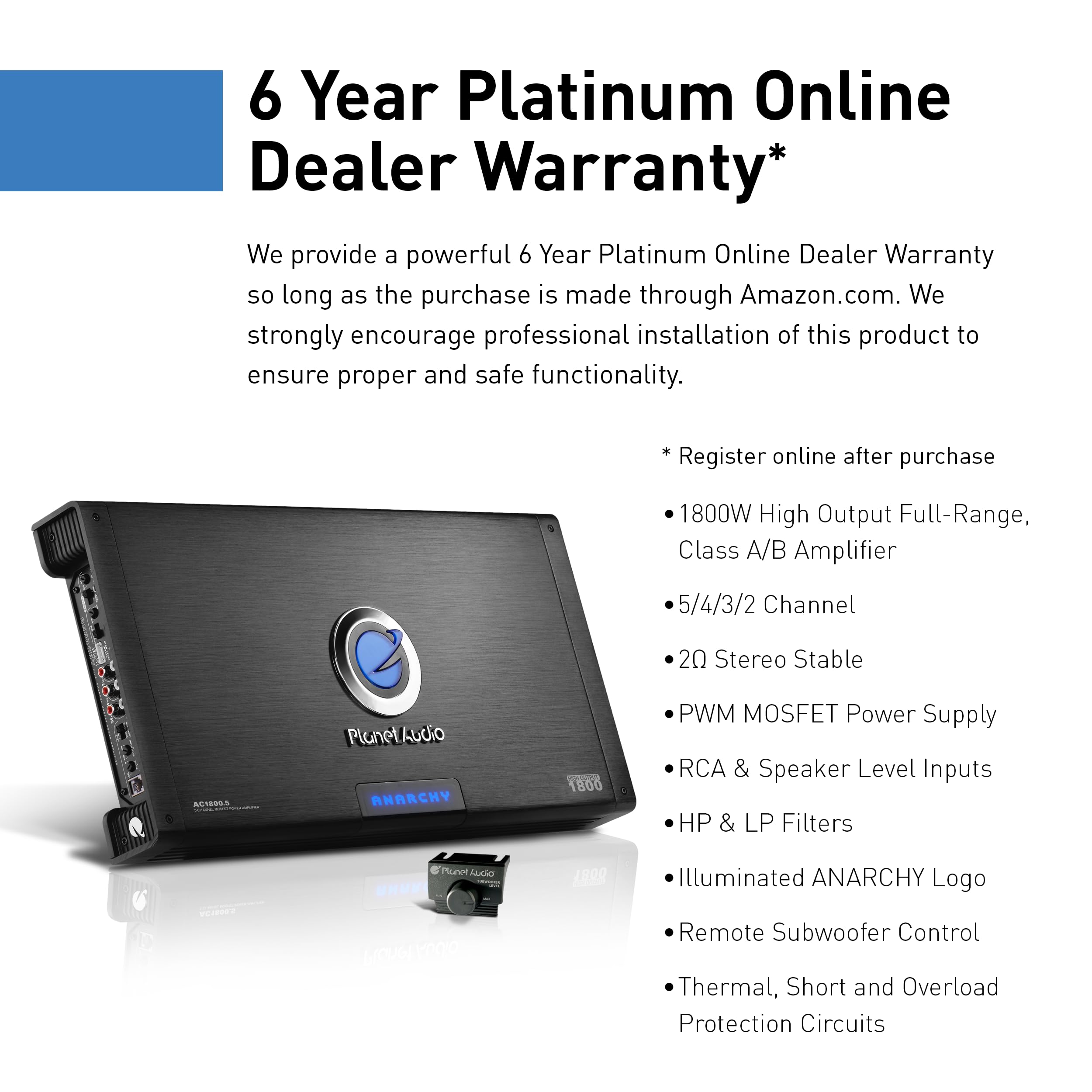 Planet Audio 5 Channel AC1800.5 Car Amplifier - 1800 High Output, High/Low Level Inputs, High/Low Pass Crossover, Full Range, Bass for Subwoofer