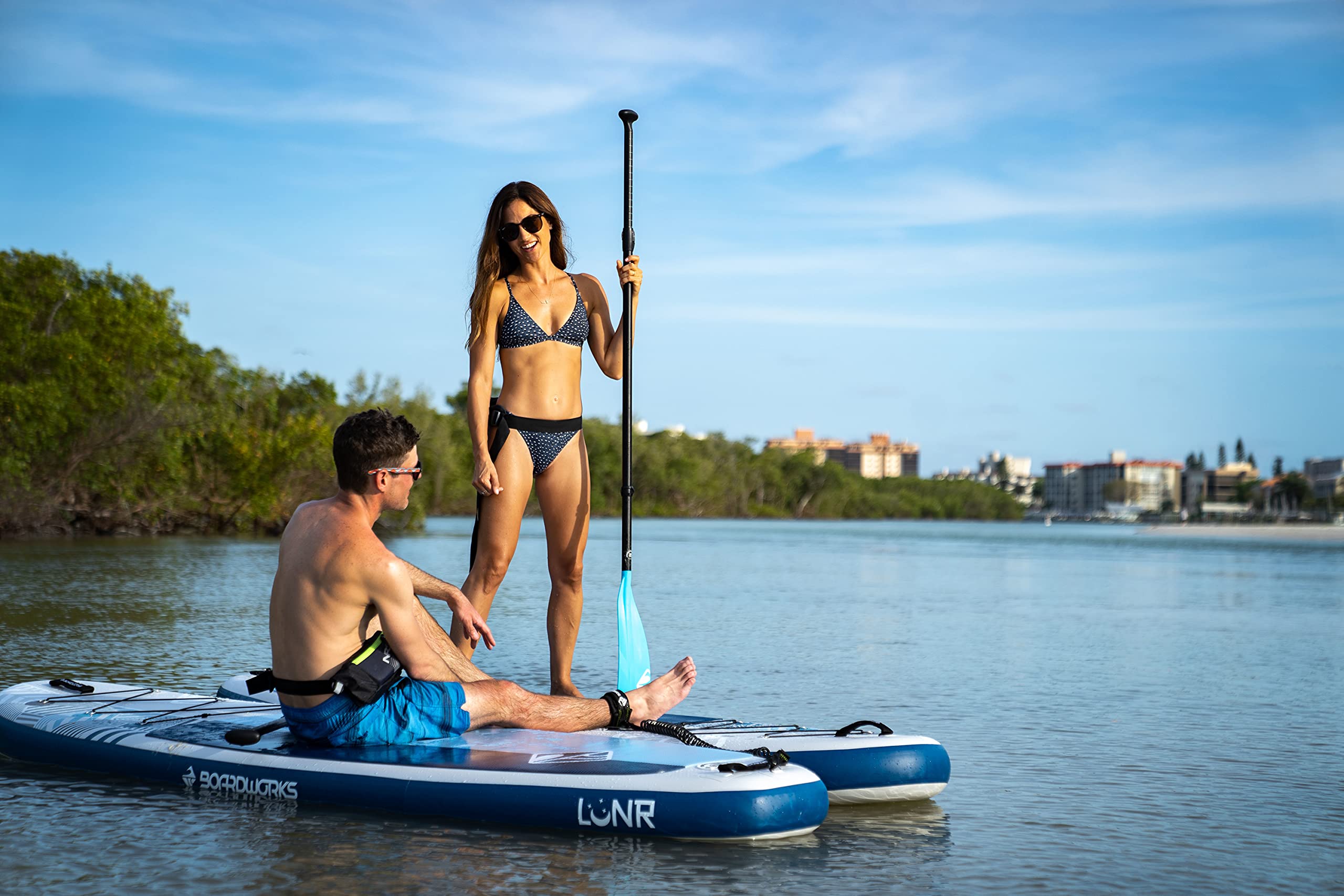 Inflatable Boardworks Lūnr Stand-Up Paddle Board (iSUP) | SUP Package Includes Three Piece Paddle, Carry Bag, Leash, Phone Case and Pump (SUP) Complete Kit | 10’5”, Blue/White