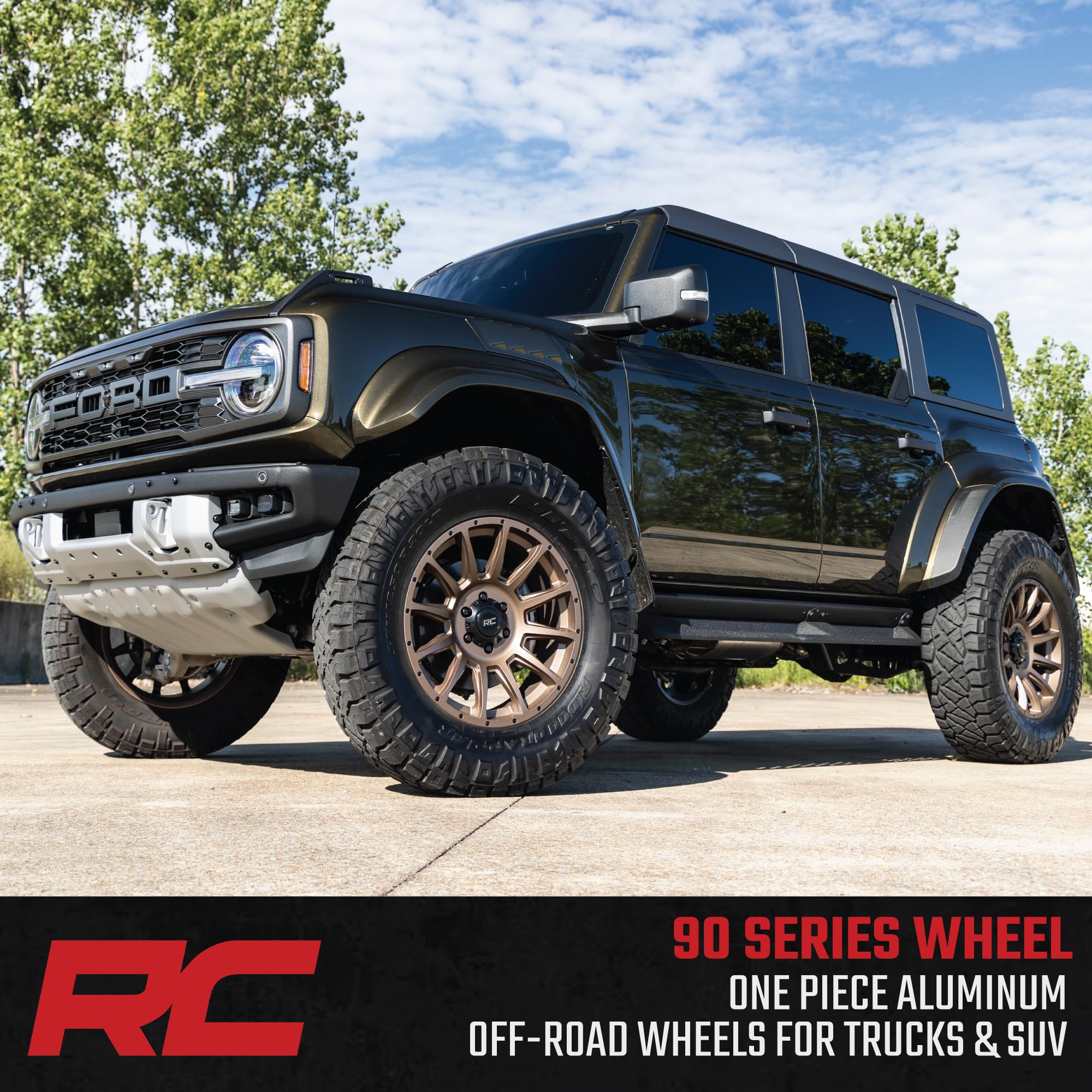 90 Series Rough Country One Piece Aluminum Wheel - 20 x 9, 8 x 6.5" Bolt Pattern, 0mm Offset, Bronze Finish with Black Accent Bolts